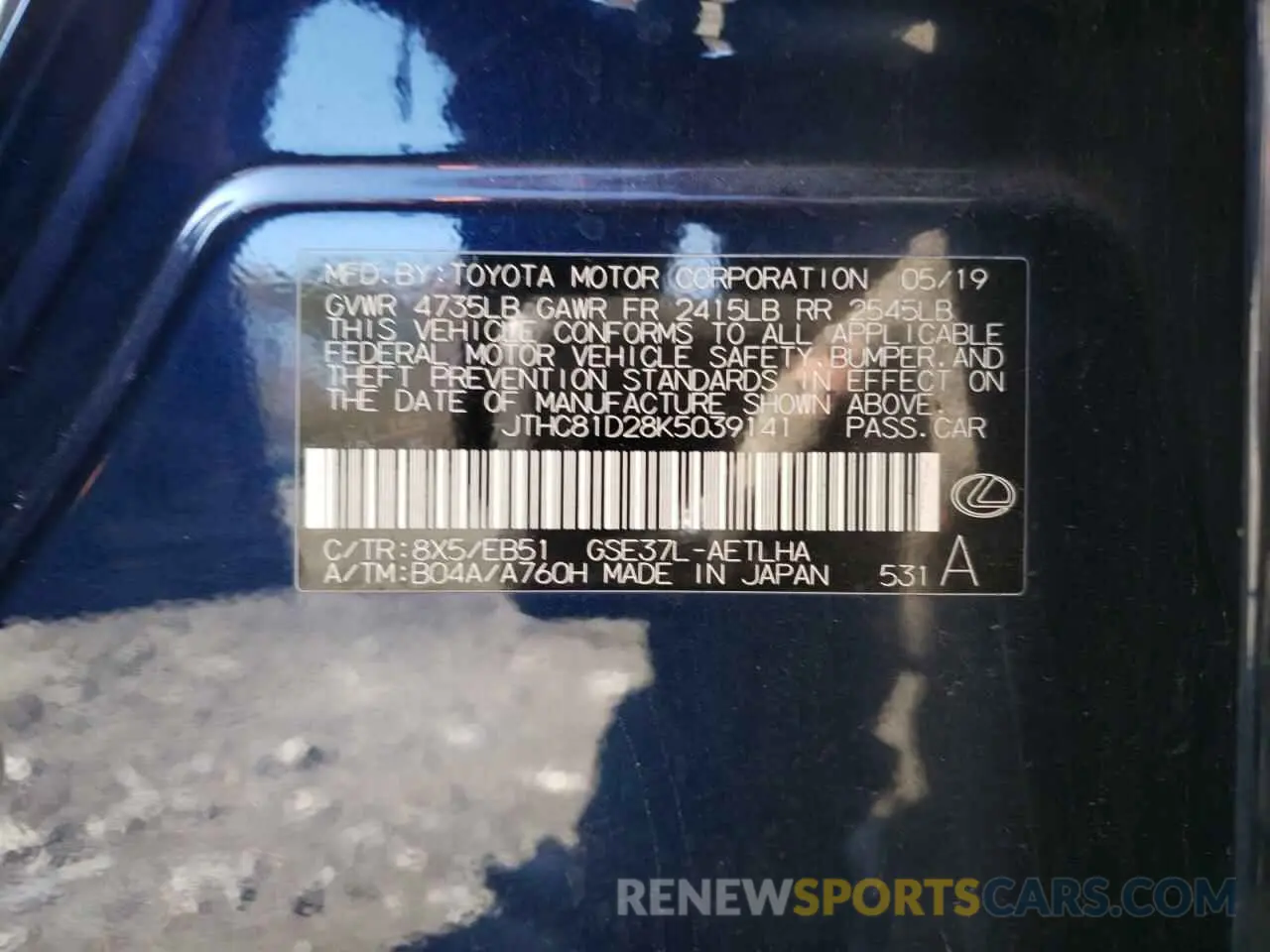 14 fotografías del automóvil dañado JTHC81D28K5039141 LEXUS IS 2019