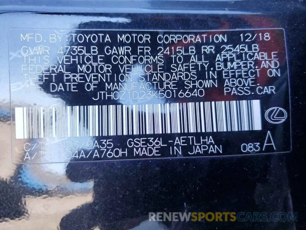 12 fotografías del automóvil dañado JTHCZ1D23K5016640 LEXUS IS 2019