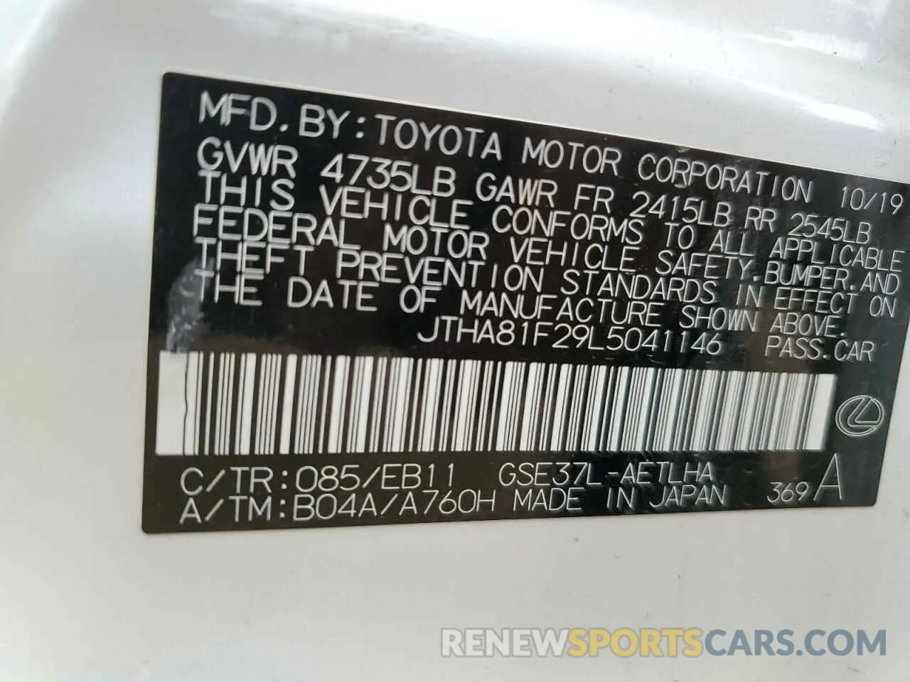 12 fotografías del automóvil dañado JTHA81F29L5041146 LEXUS IS 2020