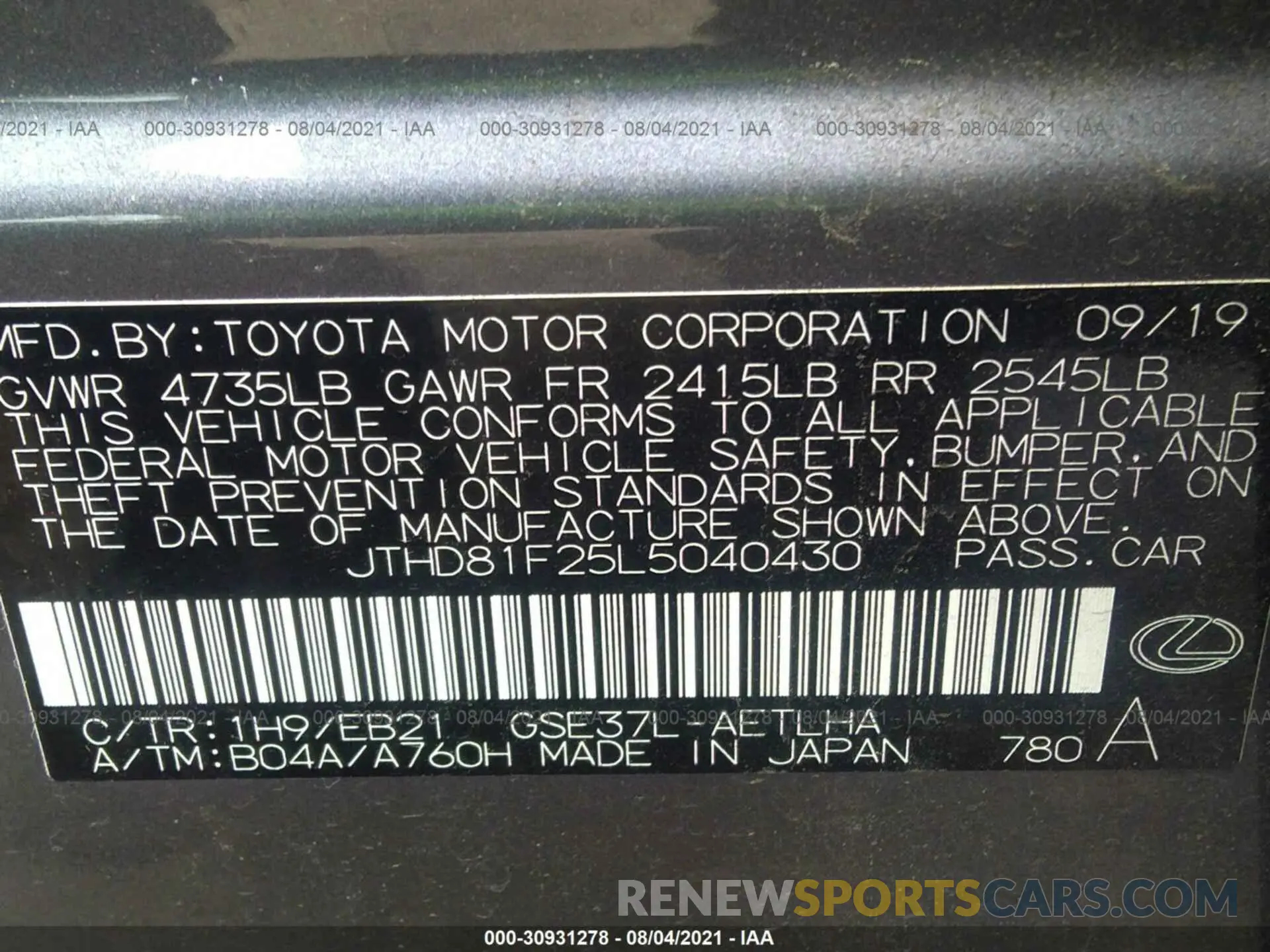 9 fotografías del automóvil dañado JTHD81F25L5040430 LEXUS IS 2020