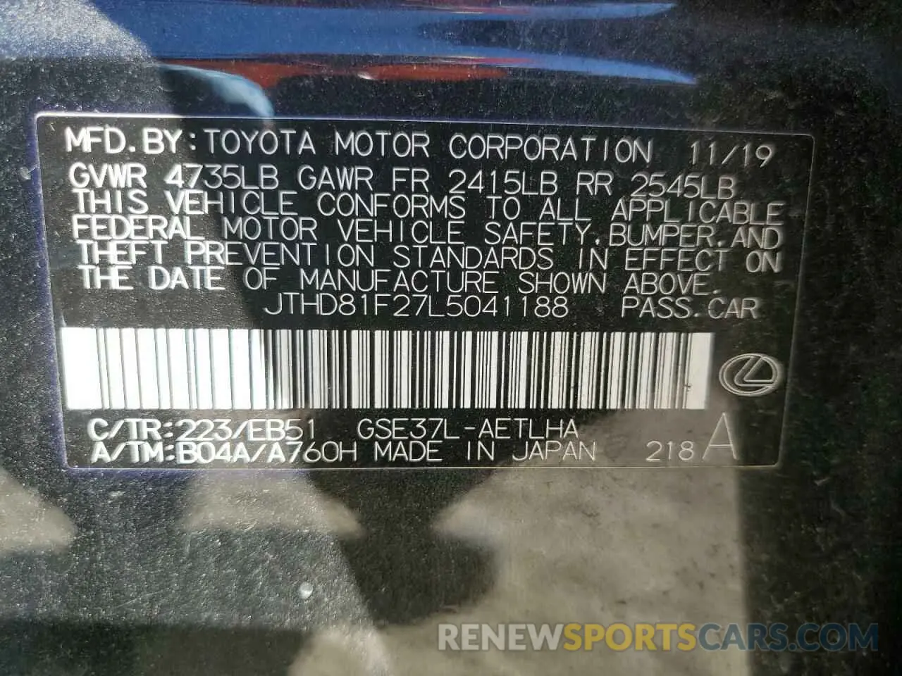 12 fotografías del automóvil dañado JTHD81F27L5041188 LEXUS IS 2020