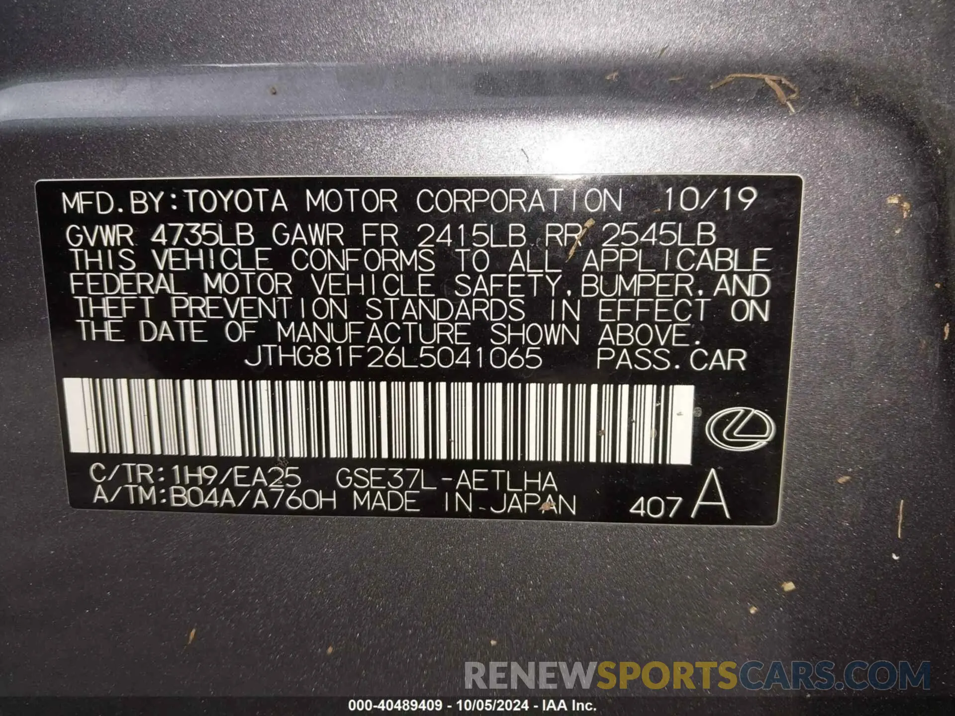 9 fotografías del automóvil dañado JTHG81F26L5041065 LEXUS IS 2020
