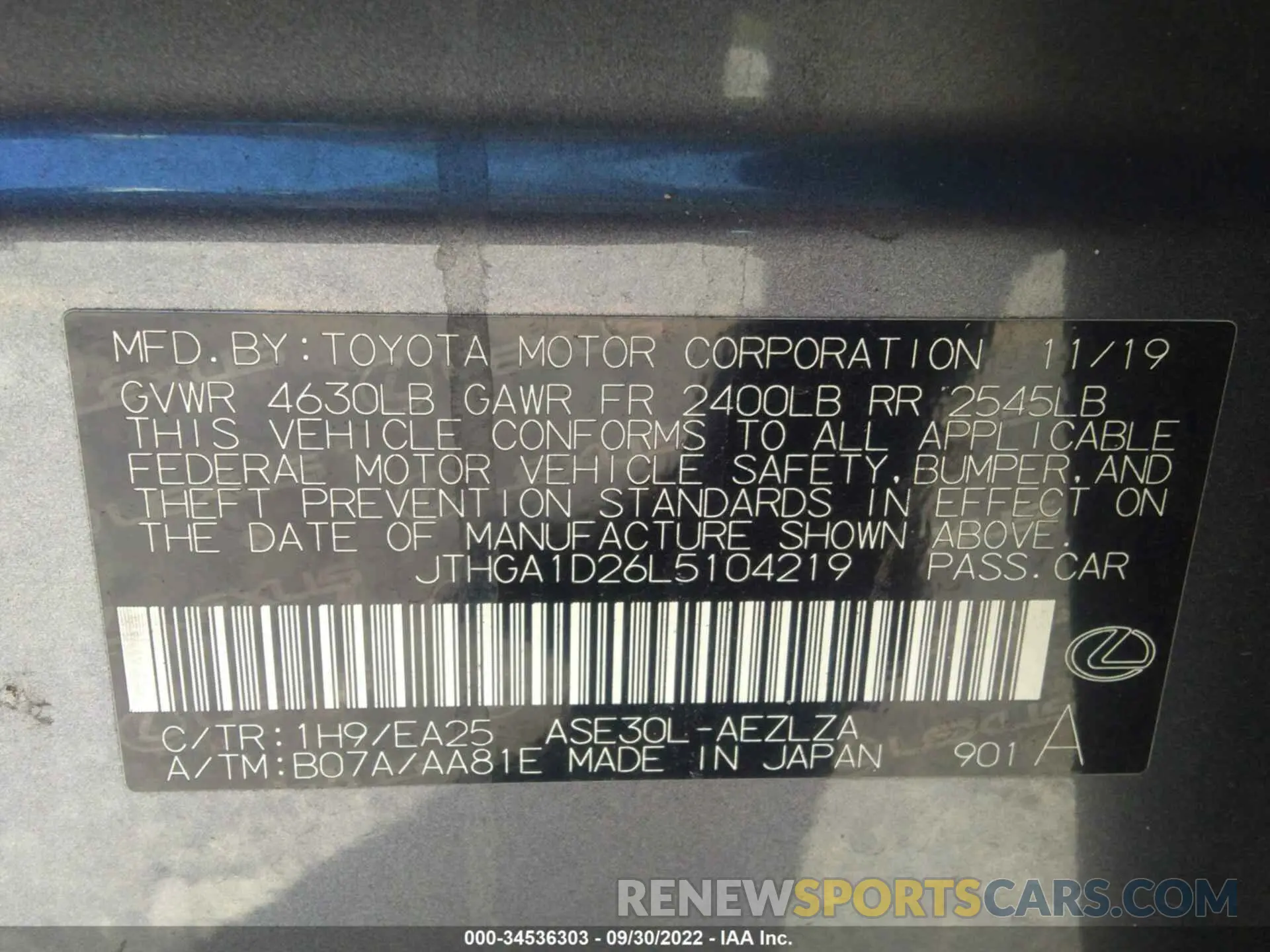 9 fotografías del automóvil dañado JTHGA1D26L5104219 LEXUS IS 2020