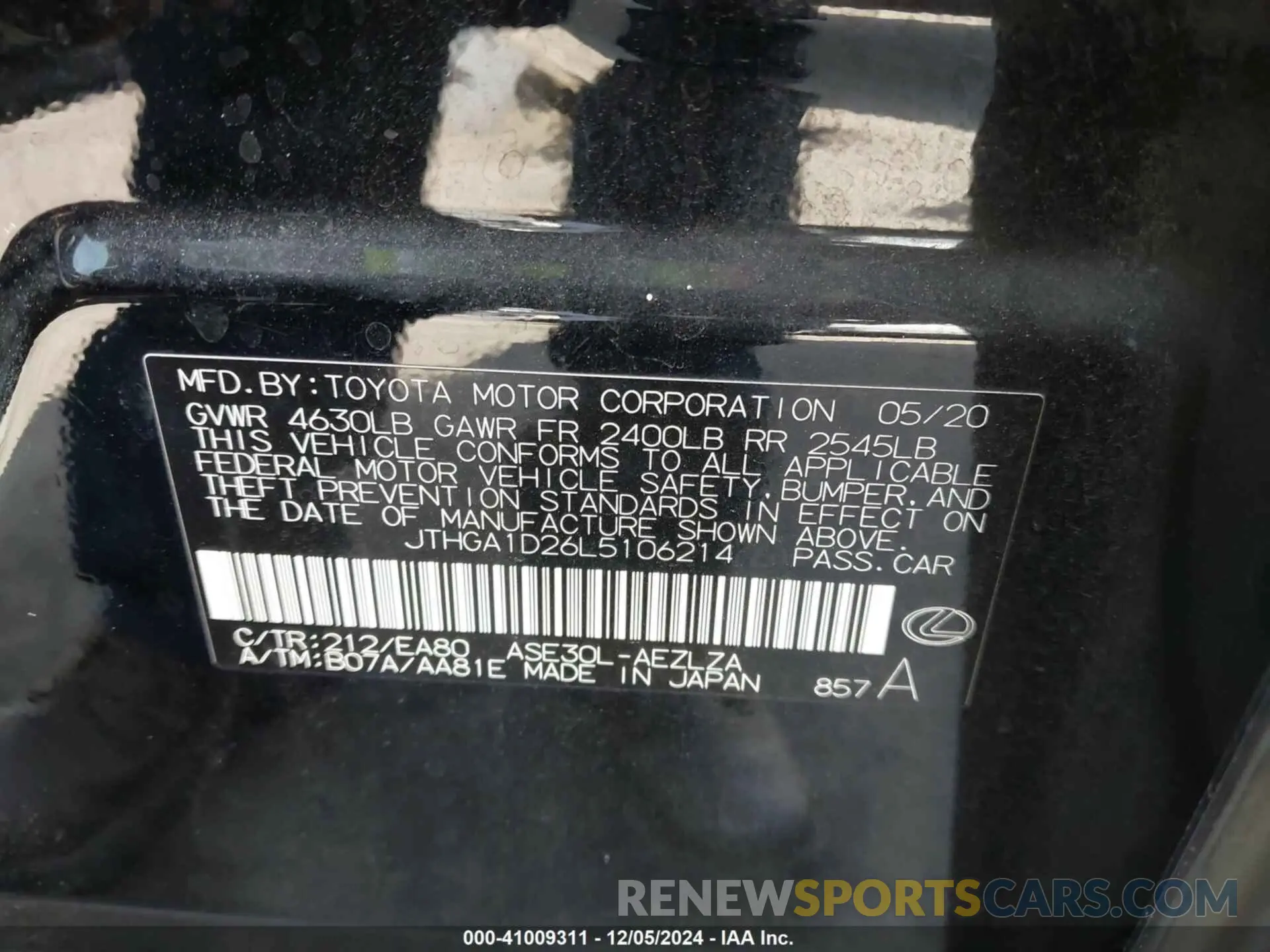 9 fotografías del automóvil dañado JTHGA1D26L5106214 LEXUS IS 2020