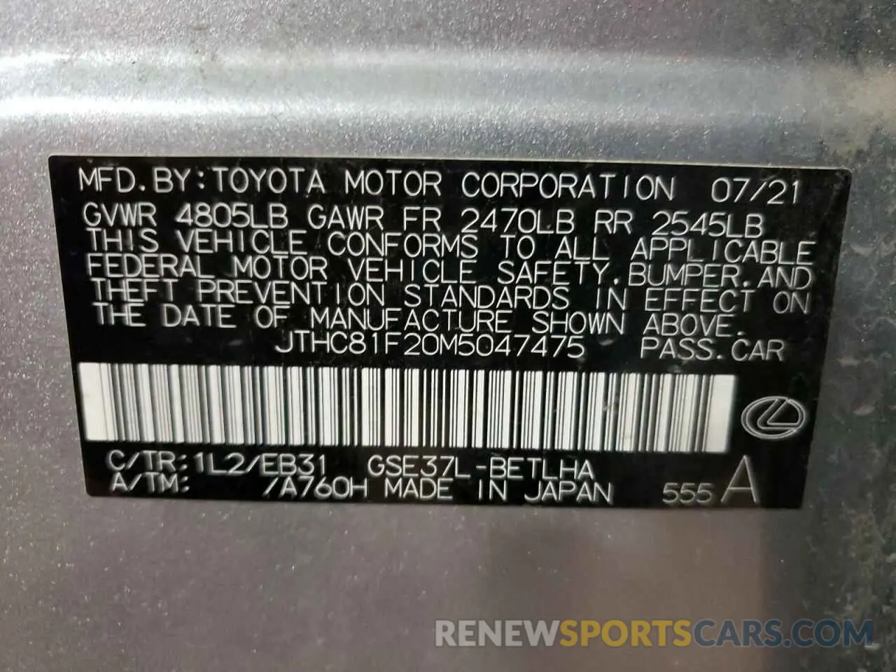 12 fotografías del automóvil dañado JTHC81F20M5047475 LEXUS IS 2021