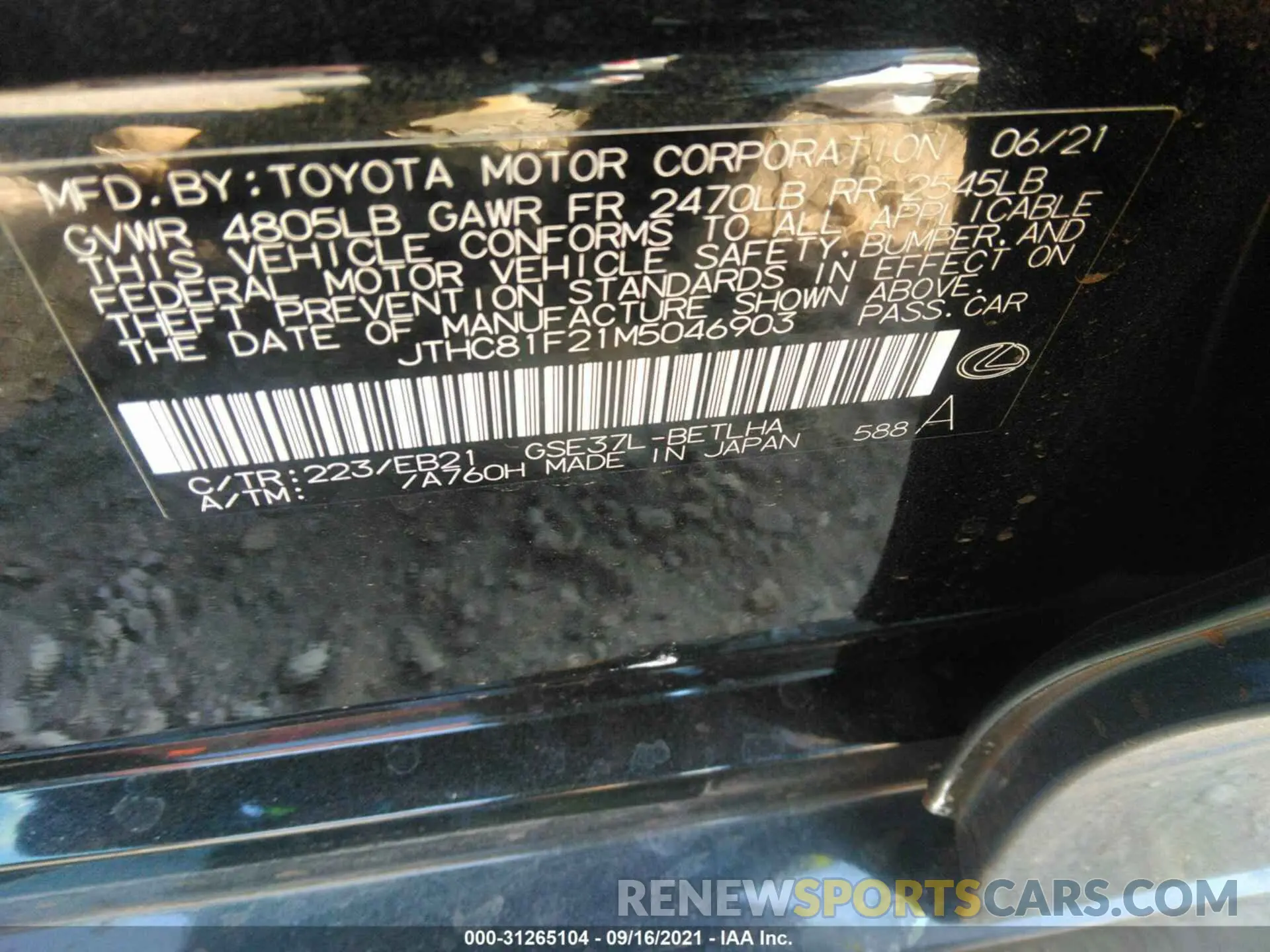 9 fotografías del automóvil dañado JTHC81F21M5046903 LEXUS IS 2021