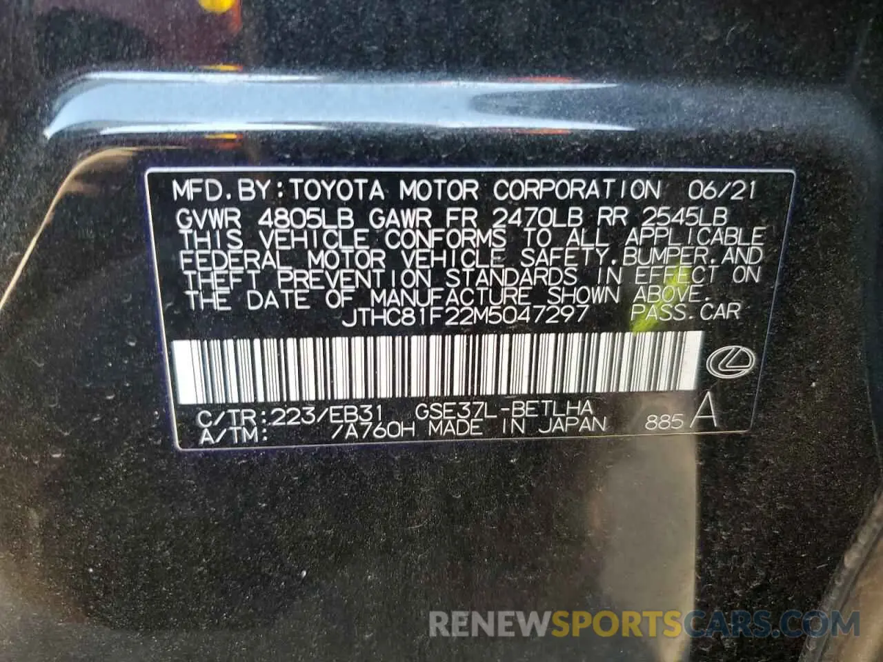 12 fotografías del automóvil dañado JTHC81F22M5047297 LEXUS IS 2021