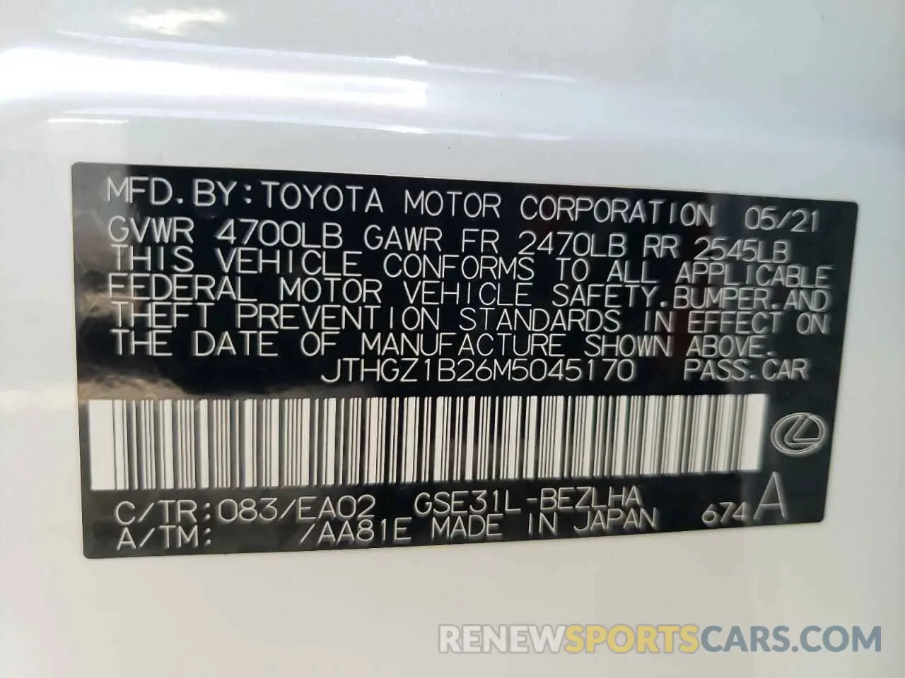 10 fotografías del automóvil dañado JTHGZ1B26M5045170 LEXUS IS 2021