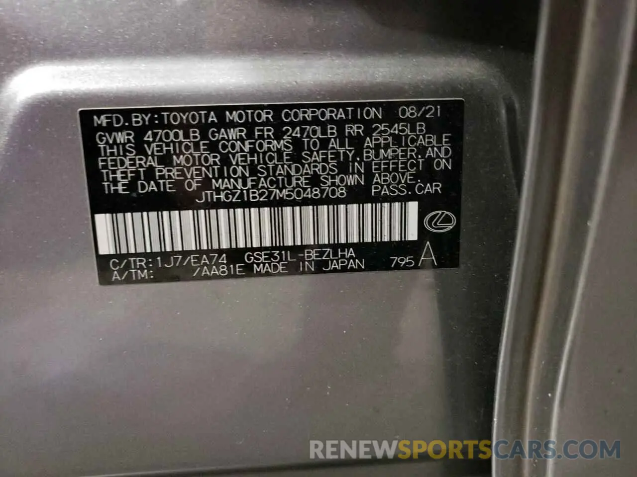 12 fotografías del automóvil dañado JTHGZ1B27M5048708 LEXUS IS 2021
