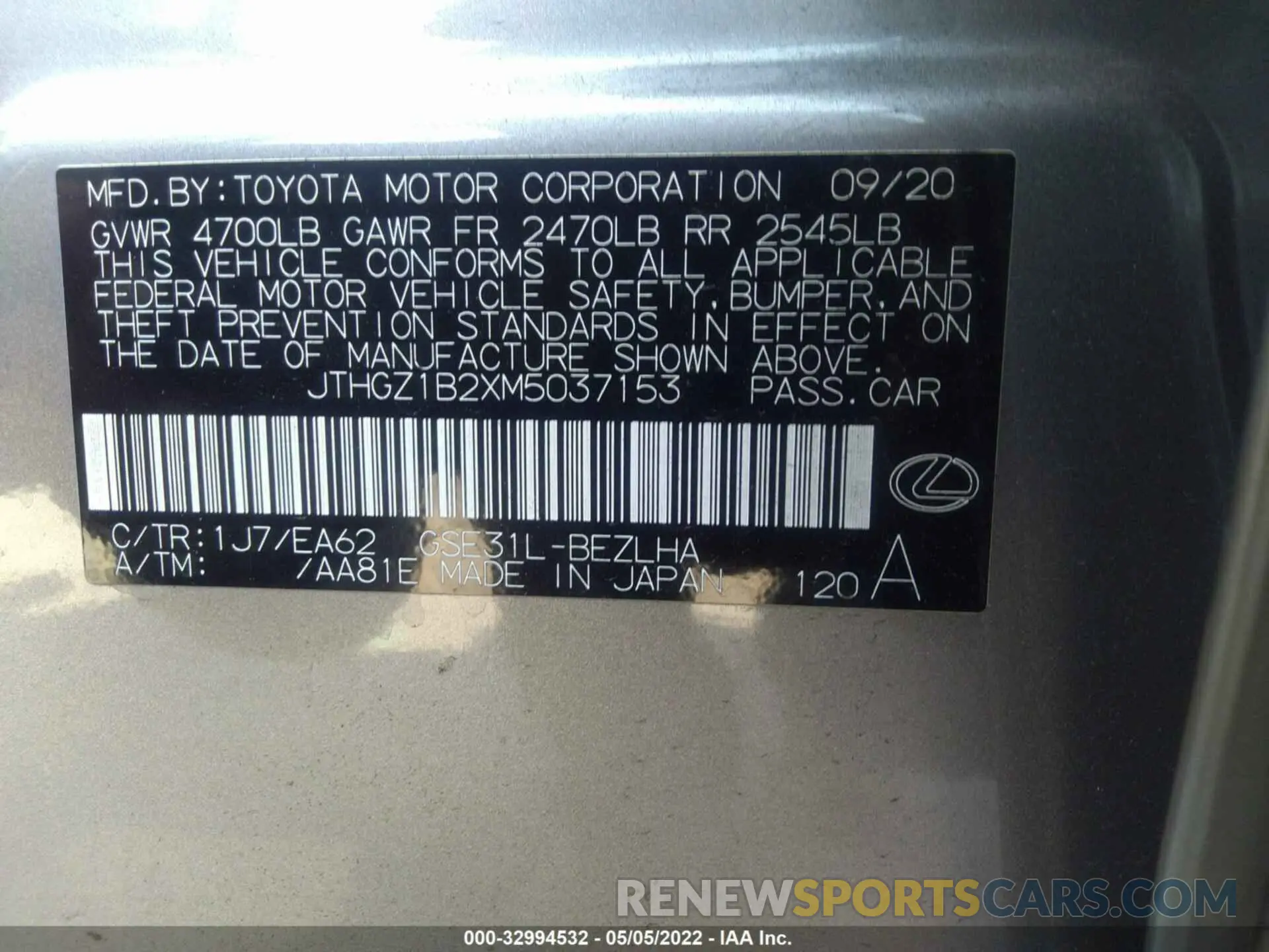 9 fotografías del automóvil dañado JTHGZ1B2XM5037153 LEXUS IS 2021