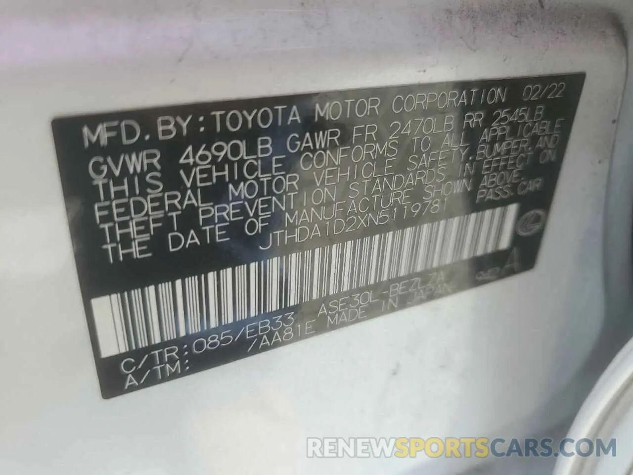 12 fotografías del automóvil dañado JTHDA1D2XN5119781 LEXUS IS 2022