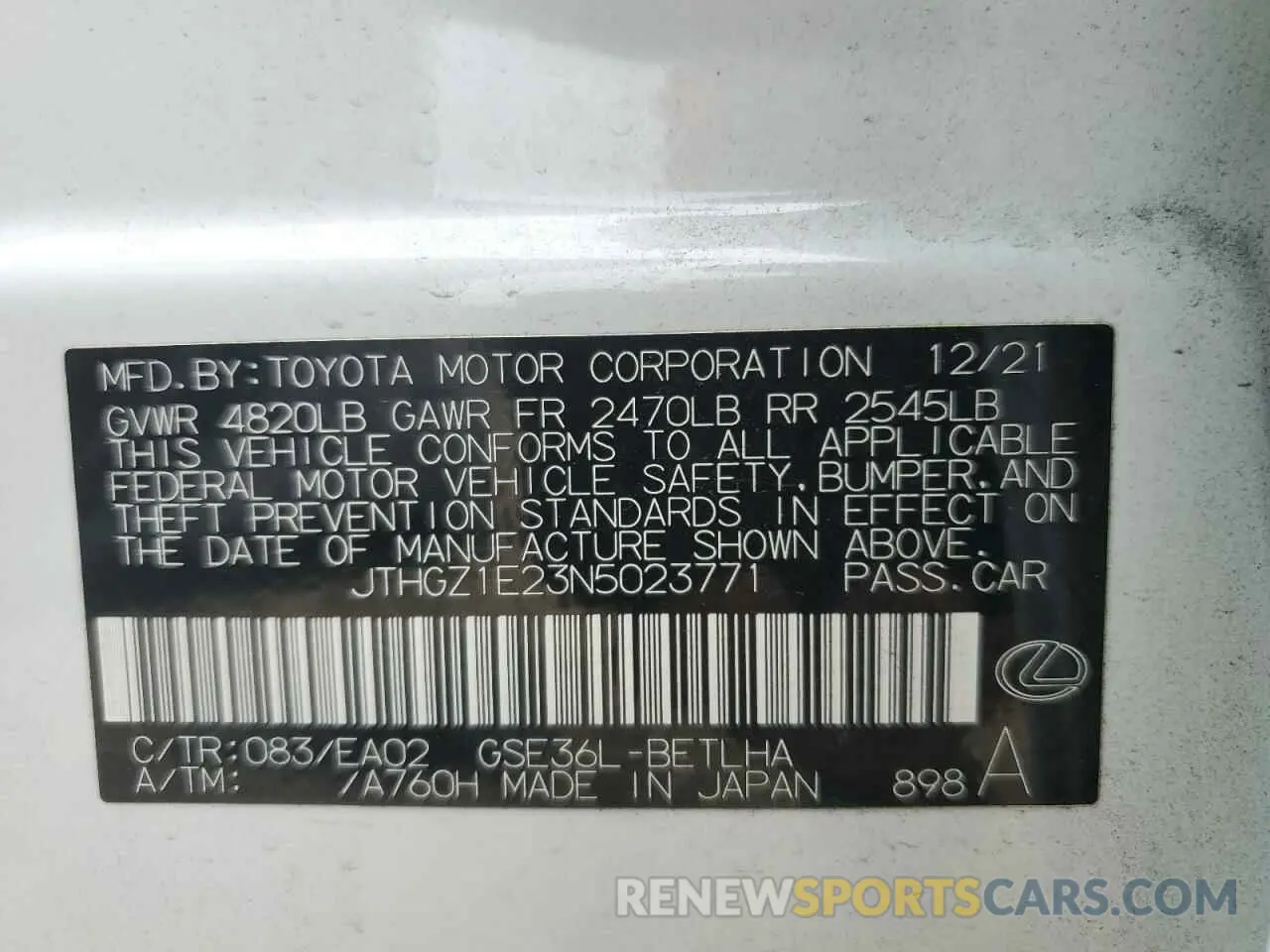 10 fotografías del automóvil dañado JTHGZ1E23N5023771 LEXUS IS 2022