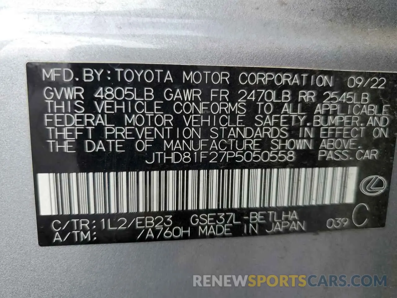 12 fotografías del automóvil dañado JTHD81F27P5050558 LEXUS IS 2023