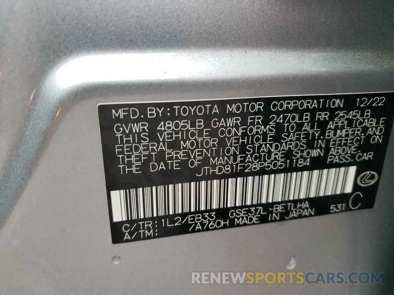 12 fotografías del automóvil dañado JTHD81F28P5051184 LEXUS IS 2023