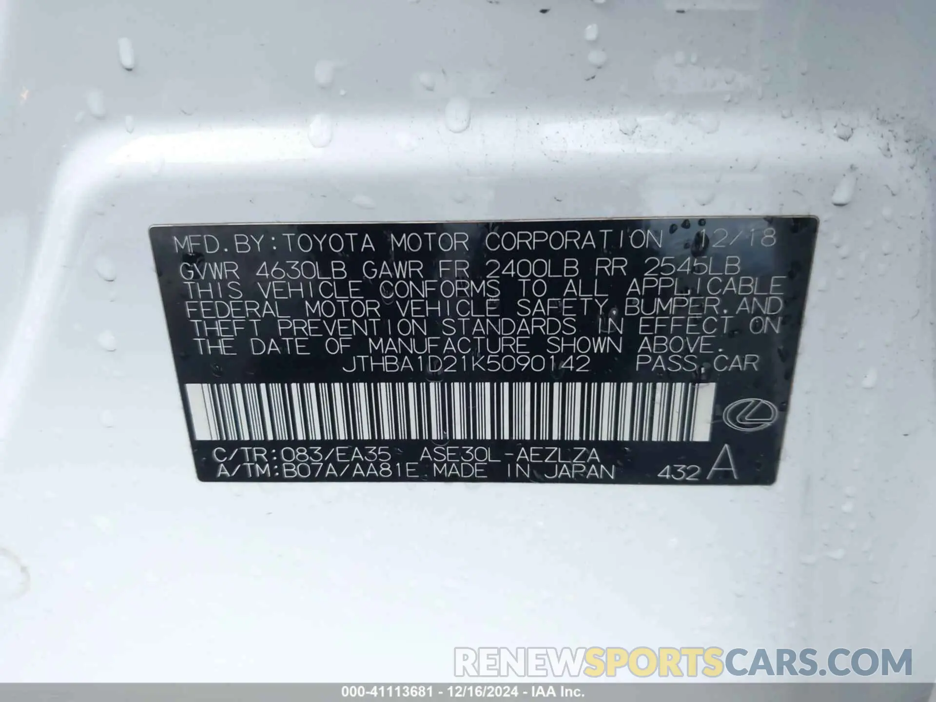 9 fotografías del automóvil dañado JTHBA1D21K5090142 LEXUS IS 300 2019