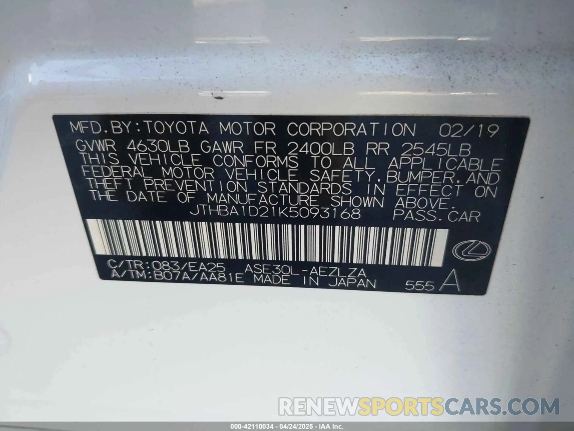 9 fotografías del automóvil dañado JTHBA1D21K5093168 LEXUS IS 300 2019