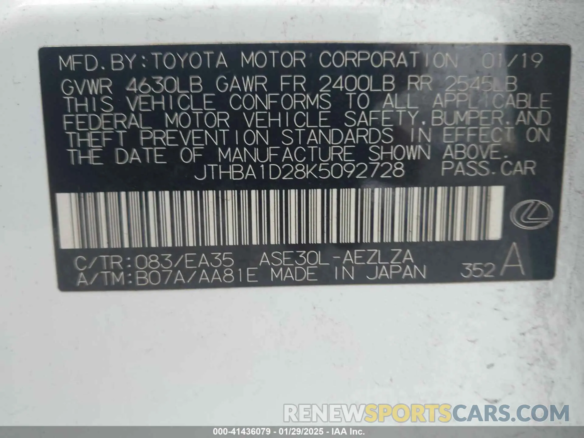 9 fotografías del automóvil dañado JTHBA1D28K5092728 LEXUS IS 300 2019