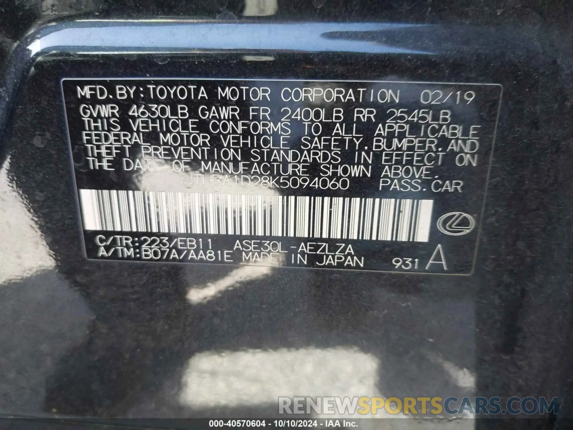 9 fotografías del automóvil dañado JTHBA1D28K5094060 LEXUS IS 300 2019
