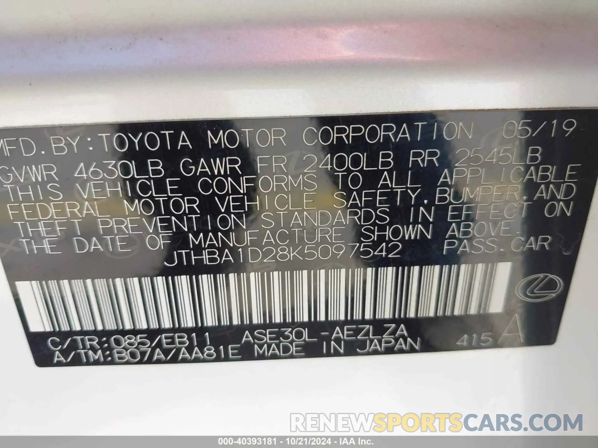 9 fotografías del automóvil dañado JTHBA1D28K5097542 LEXUS IS 300 2019