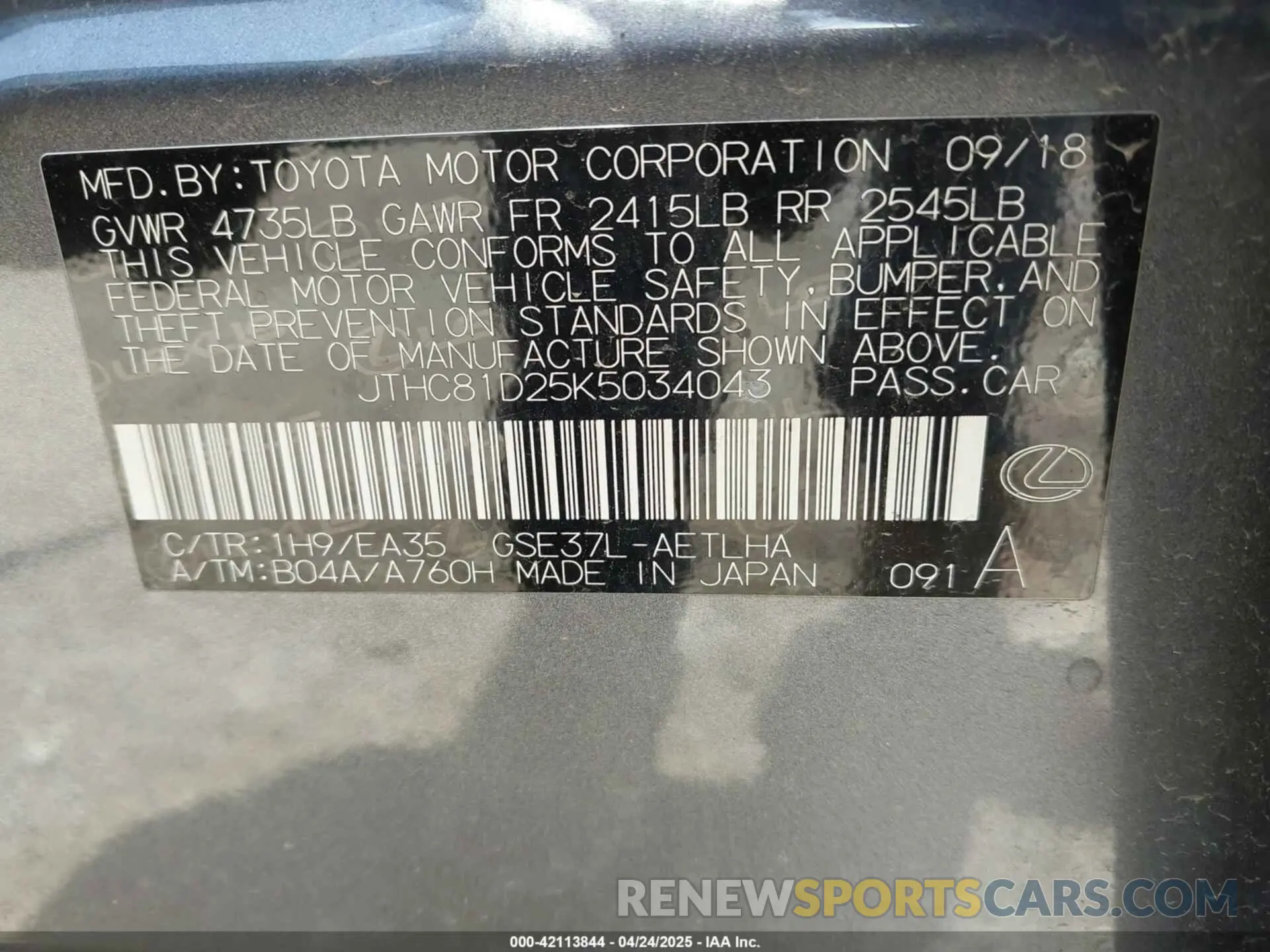 9 fotografías del automóvil dañado JTHC81D25K5034043 LEXUS IS 300 2019