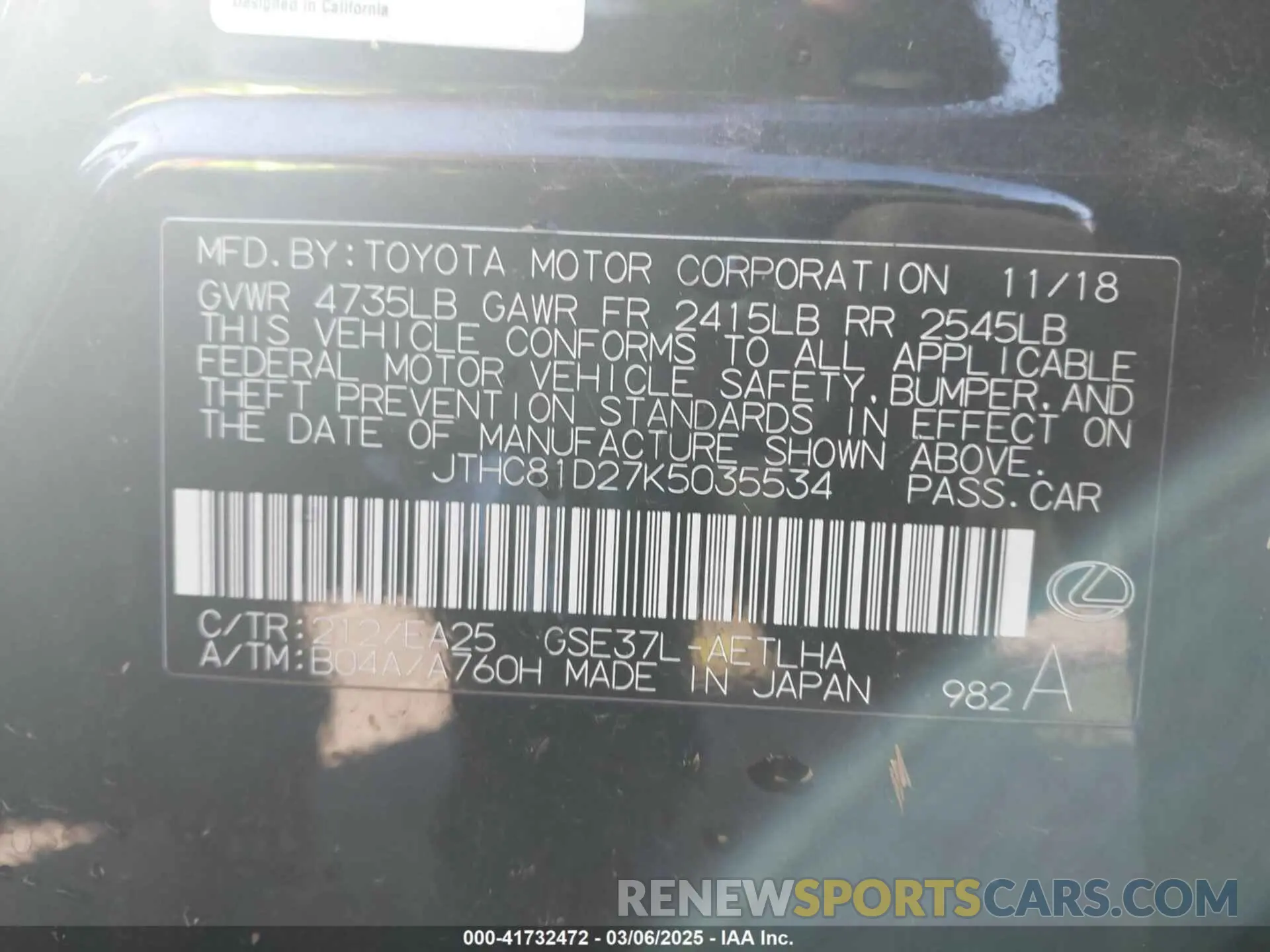 9 fotografías del automóvil dañado JTHC81D27K5035534 LEXUS IS 300 2019