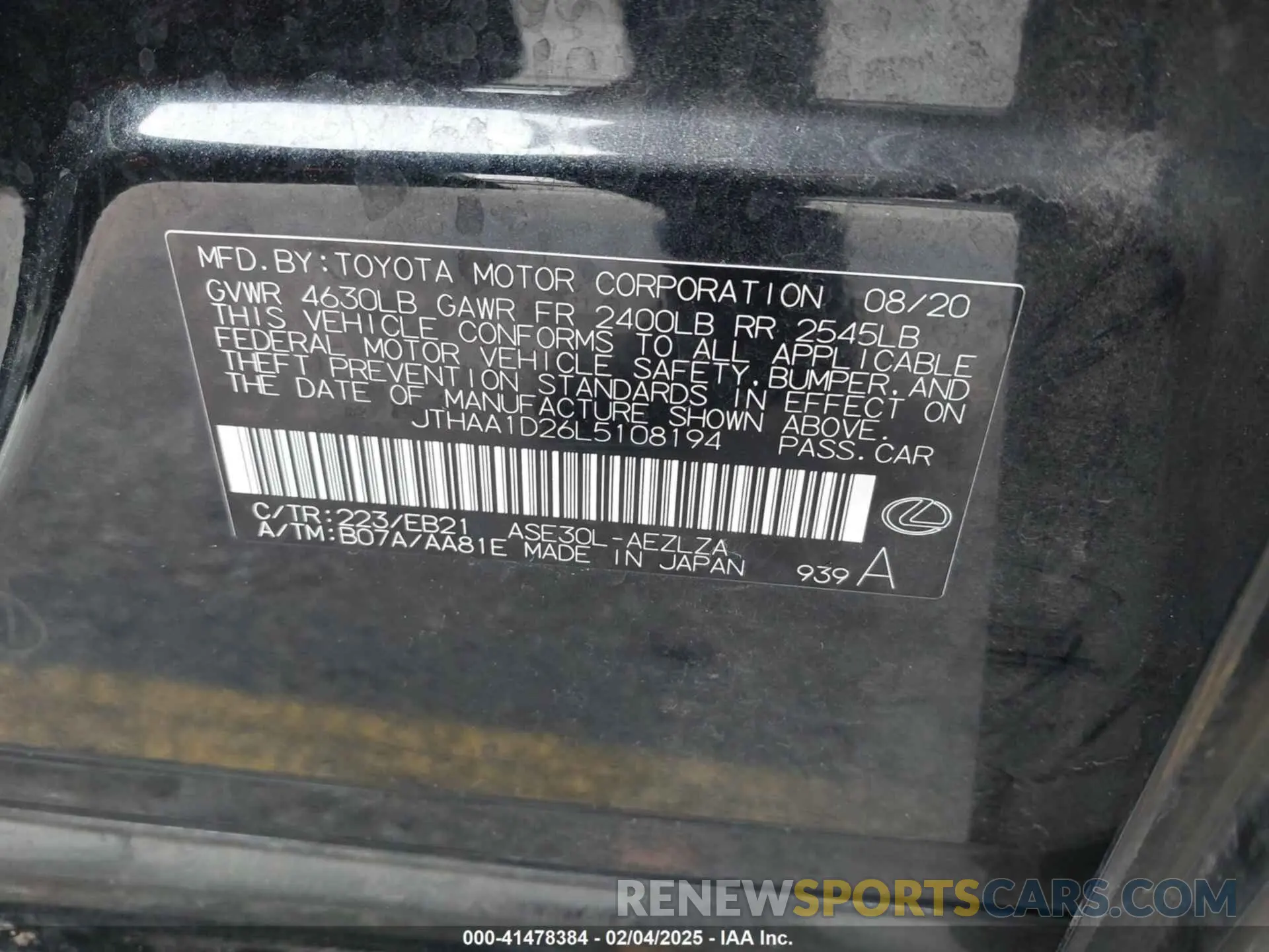 9 fotografías del automóvil dañado JTHAA1D26L5108194 LEXUS IS 300 2020