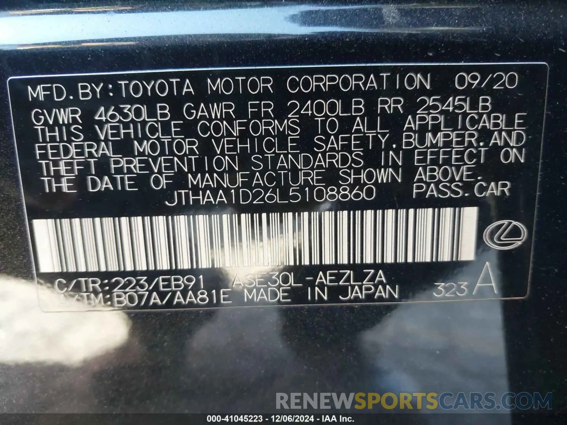 9 fotografías del automóvil dañado JTHAA1D26L5108860 LEXUS IS 300 2020
