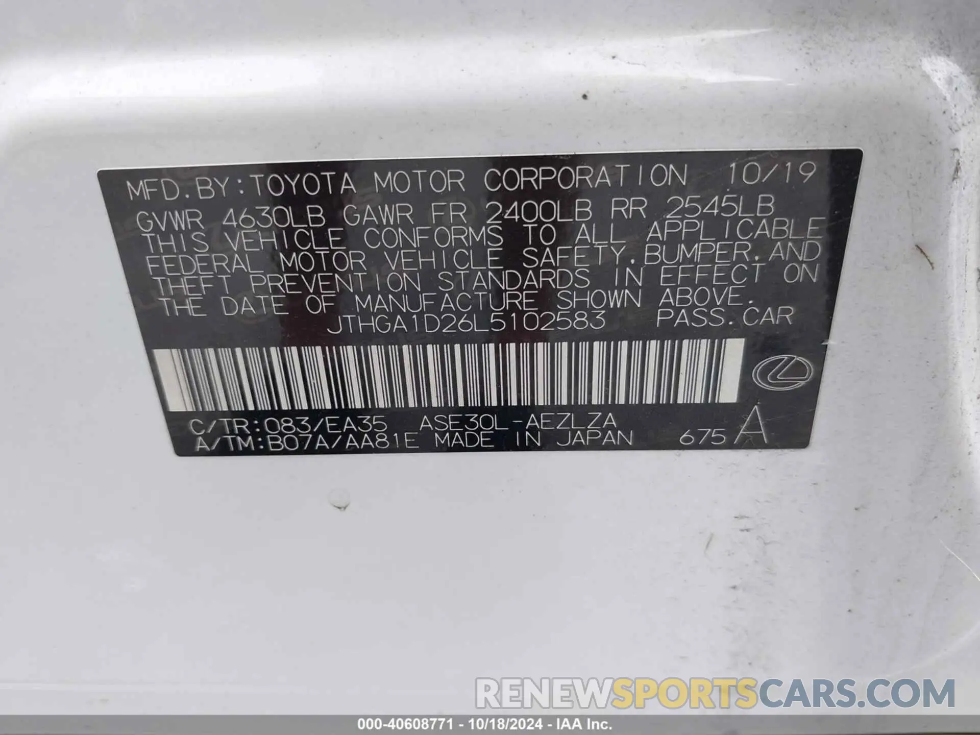 9 fotografías del automóvil dañado JTHGA1D26L5102583 LEXUS IS 300 2020