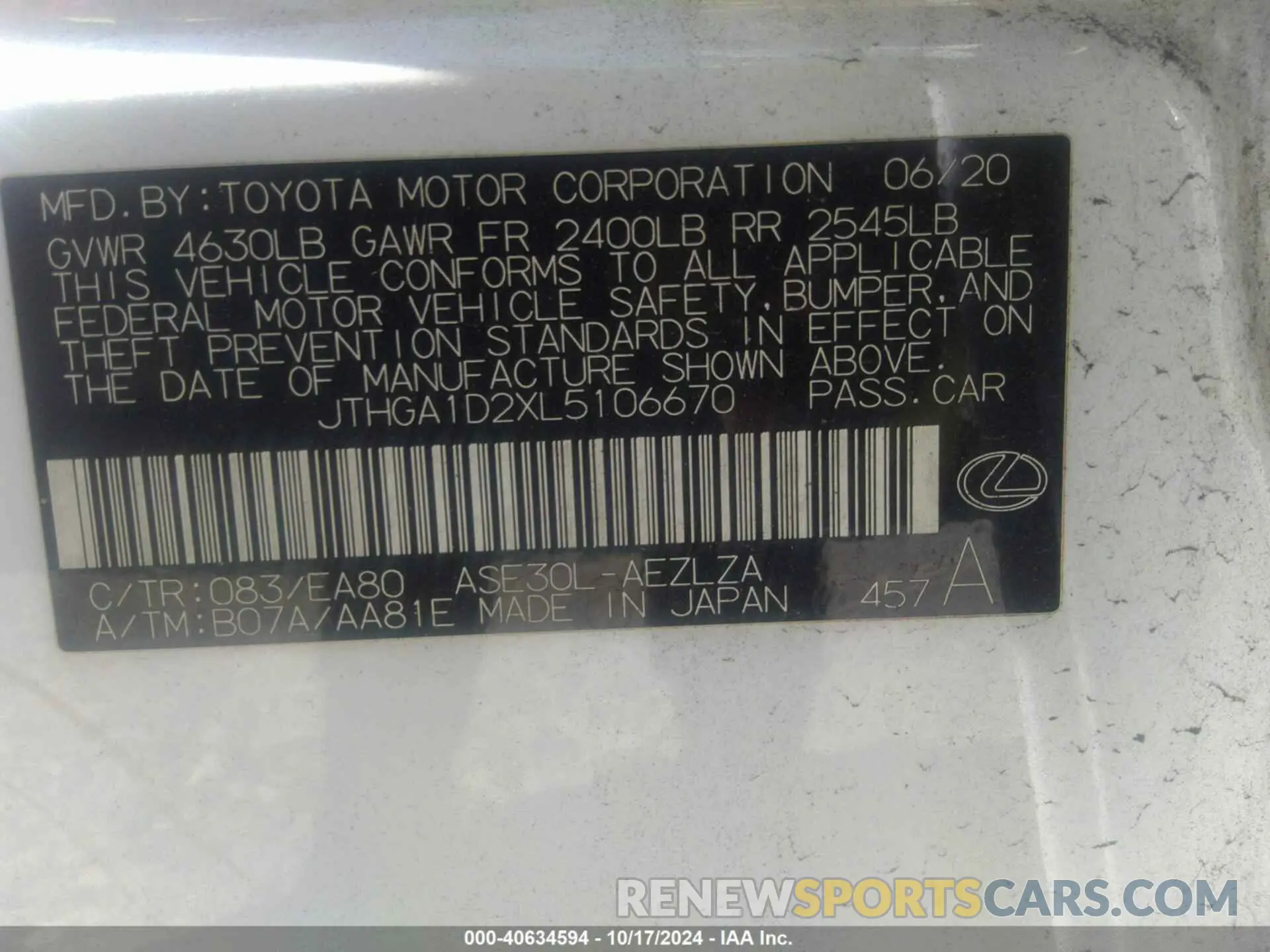 9 fotografías del automóvil dañado JTHGA1D2XL5106670 LEXUS IS 300 2020