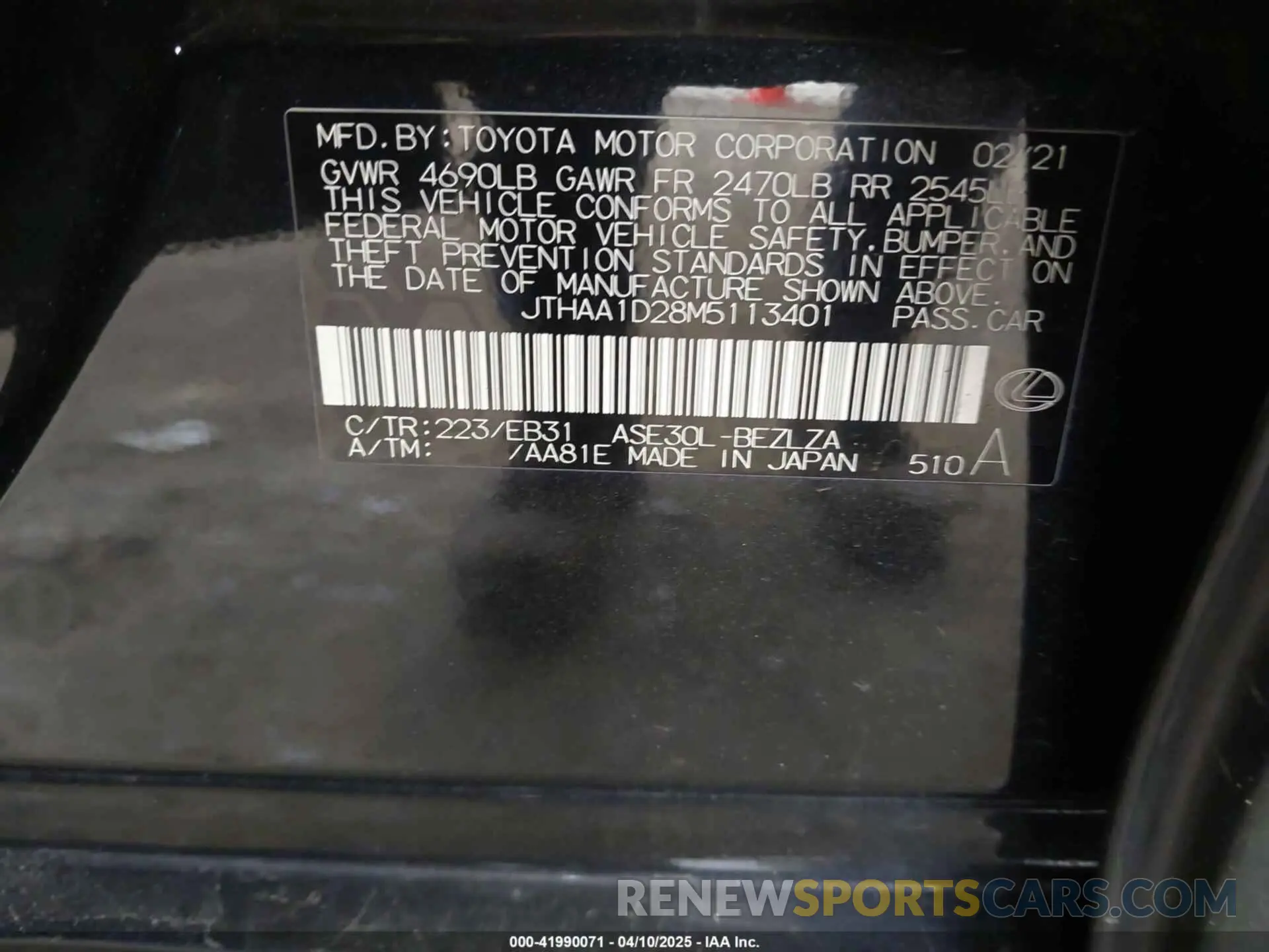 9 fotografías del automóvil dañado JTHAA1D28M5113401 LEXUS IS 300 2021