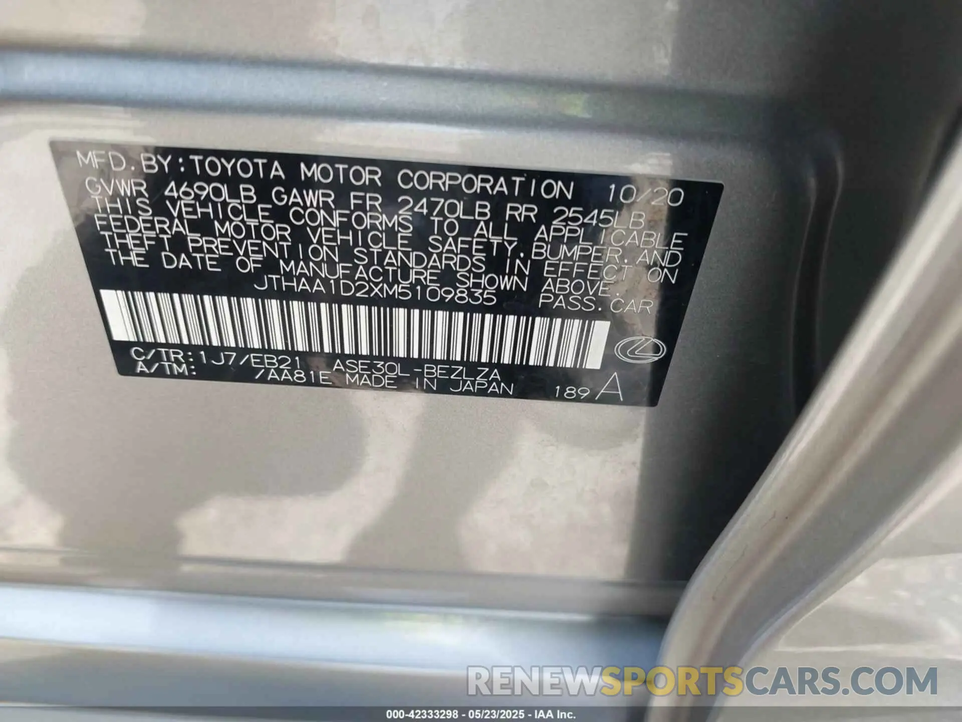 9 fotografías del automóvil dañado JTHAA1D2XM5109835 LEXUS IS 300 2021