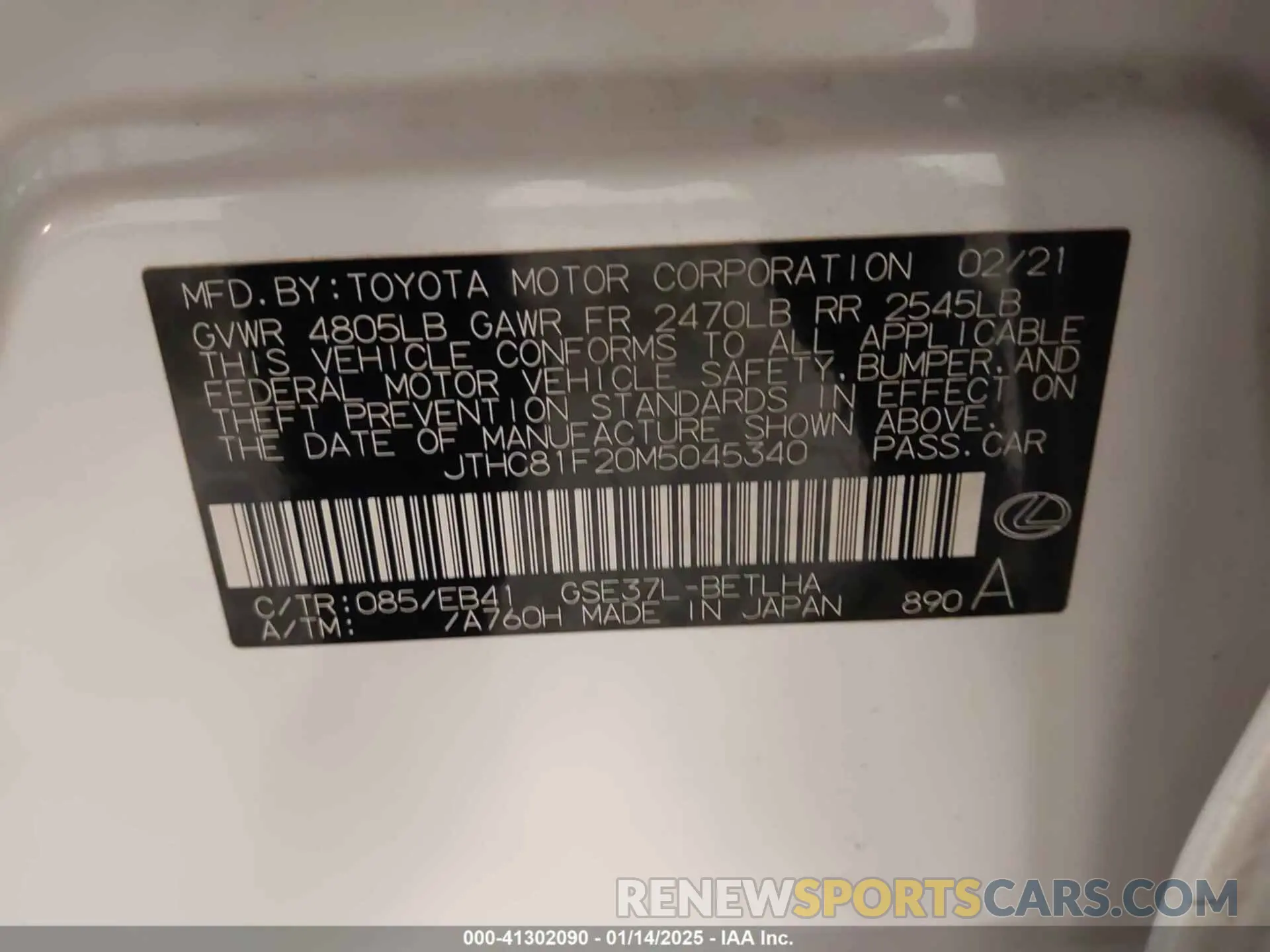 9 fotografías del automóvil dañado JTHC81F20M5045340 LEXUS IS 300 2021