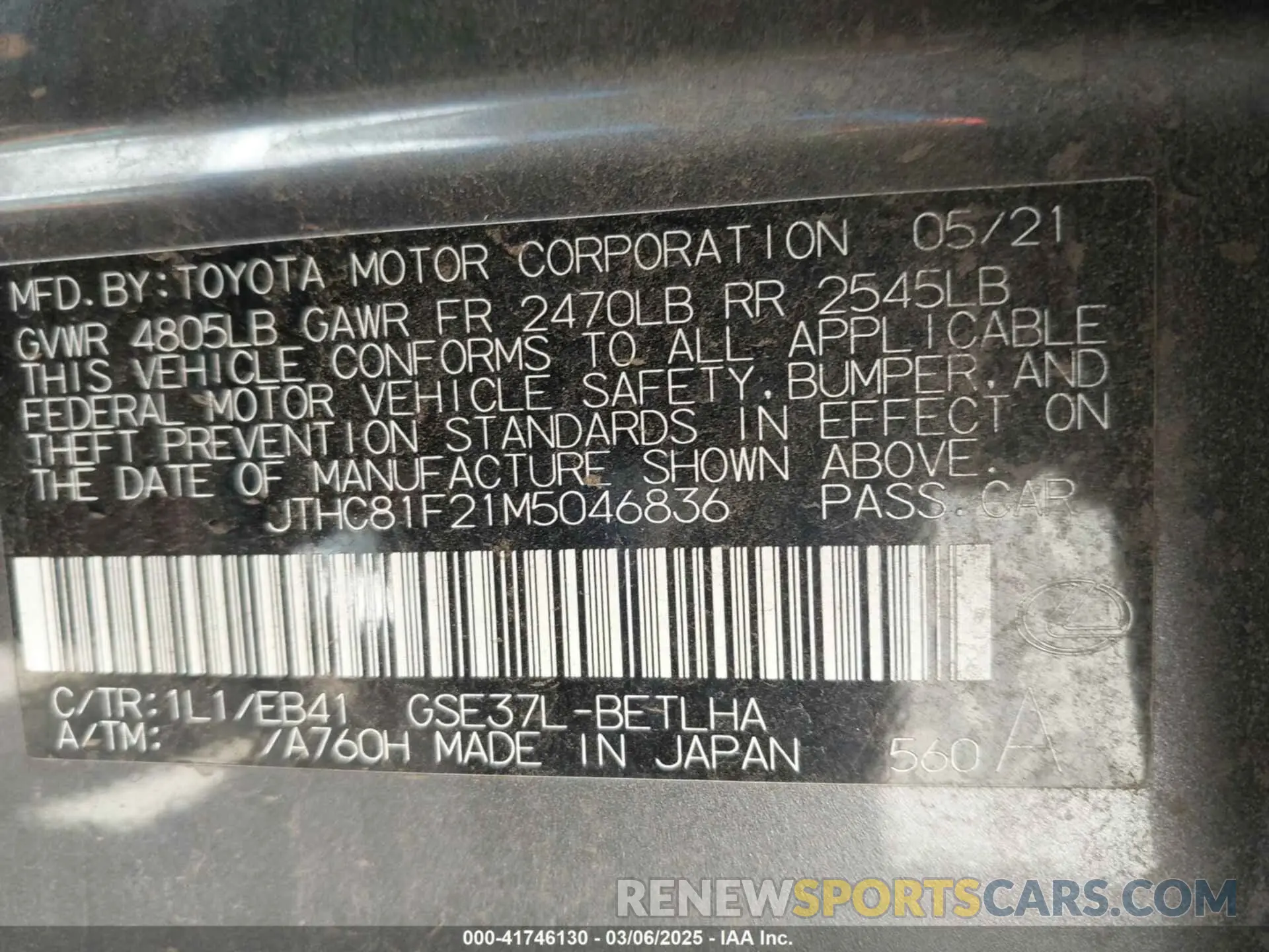 9 fotografías del automóvil dañado JTHC81F21M5046836 LEXUS IS 300 2021
