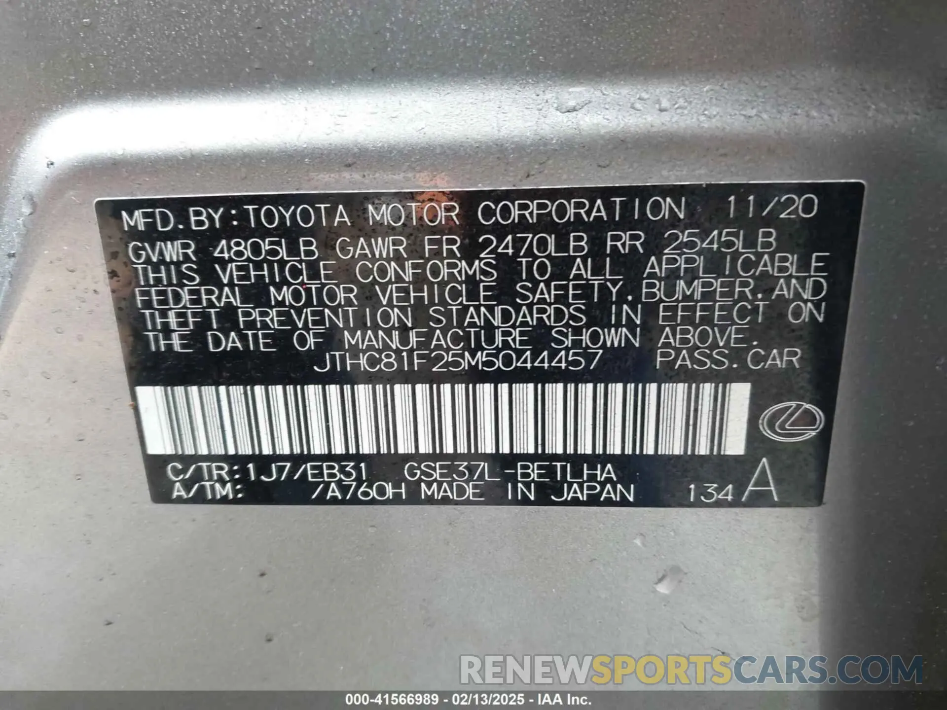 9 fotografías del automóvil dañado JTHC81F25M5044457 LEXUS IS 300 2021