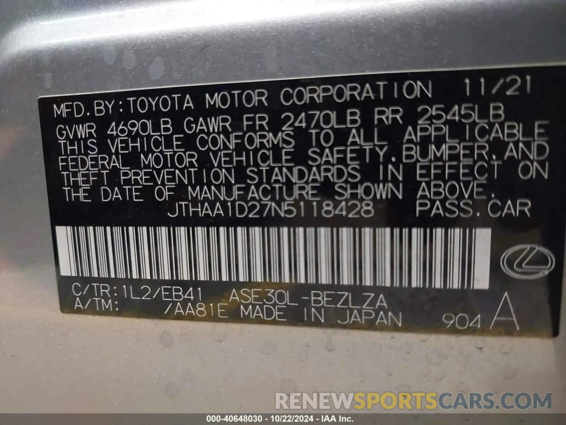 9 fotografías del automóvil dañado JTHAA1D27N5118428 LEXUS IS 300 2022