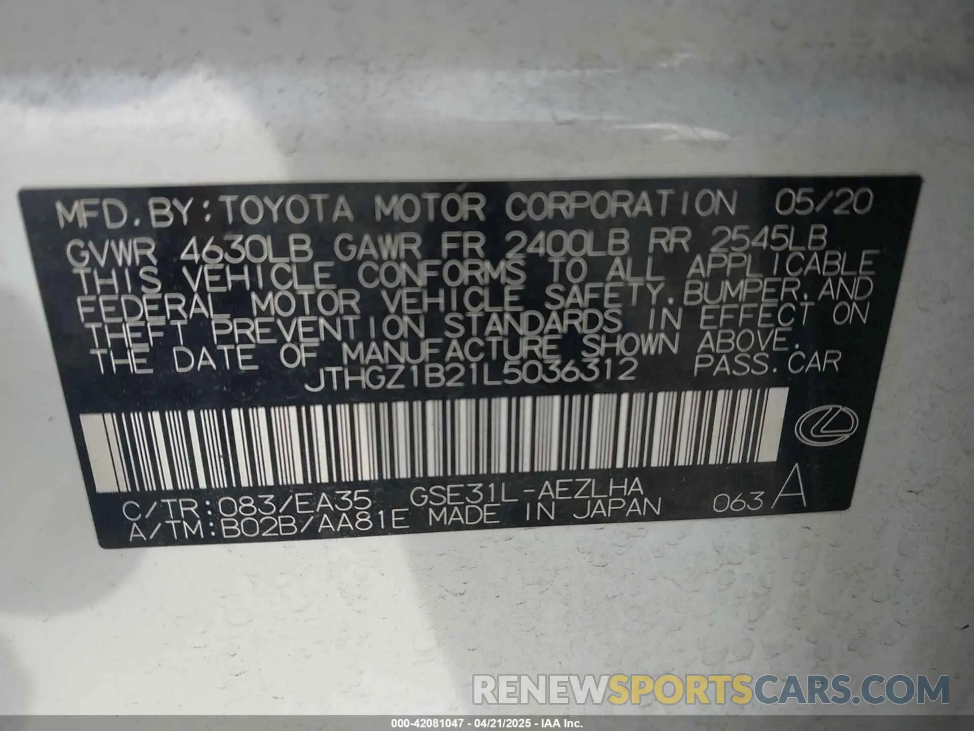 9 fotografías del automóvil dañado JTHGZ1B21L5036312 LEXUS IS 350 2020