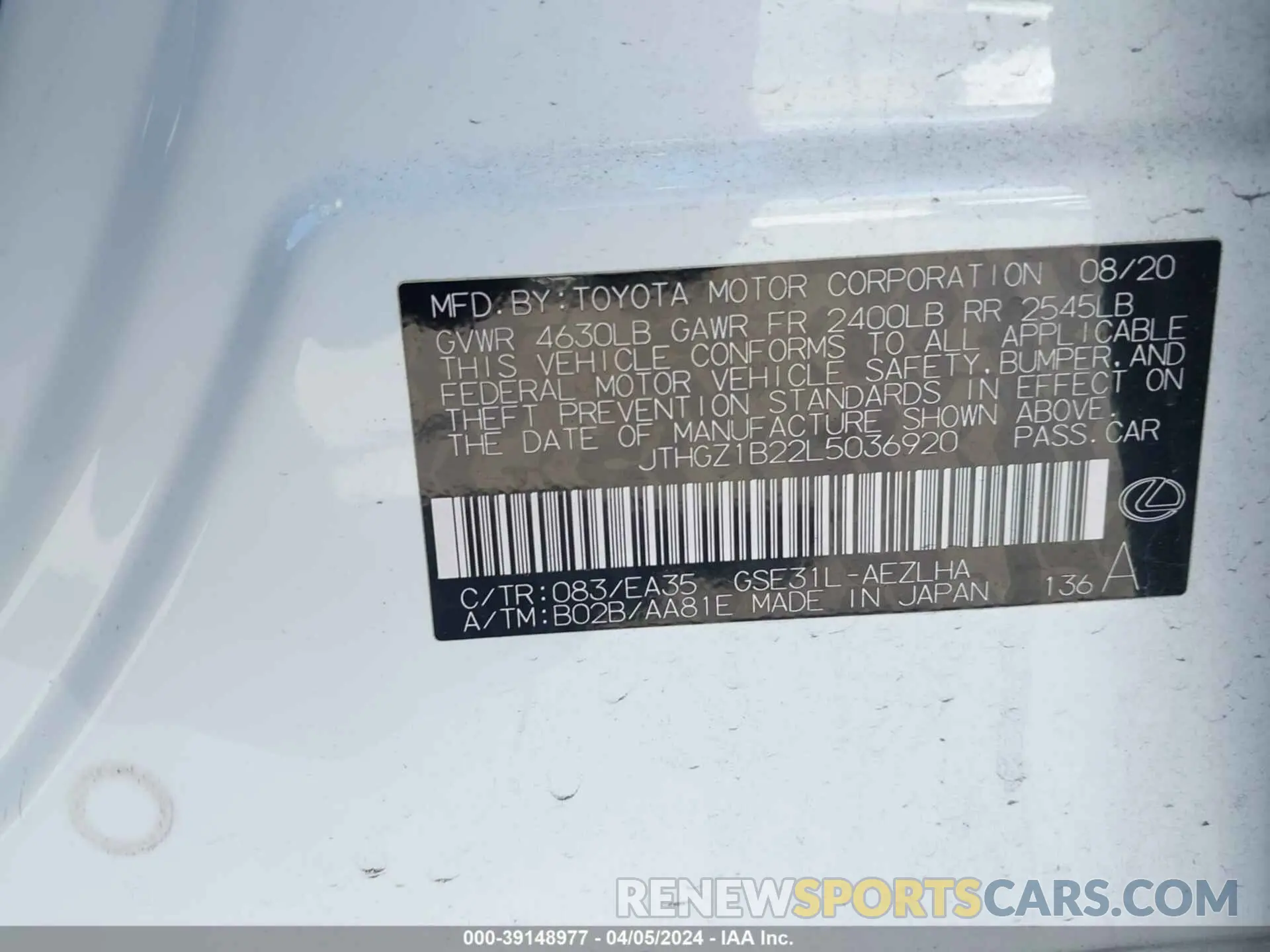 9 fotografías del automóvil dañado JTHGZ1B22L5036920 LEXUS IS 350 2020