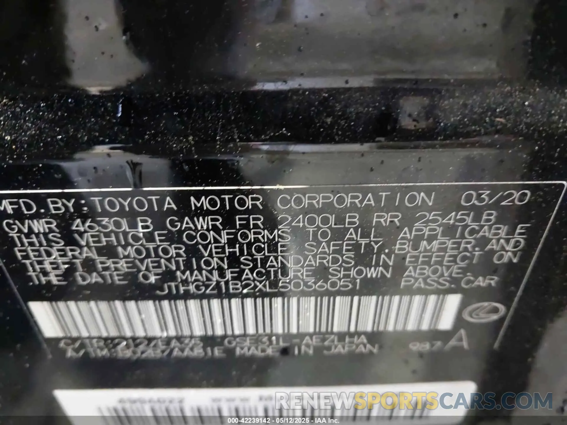 9 fotografías del automóvil dañado JTHGZ1B2XL5036051 LEXUS IS 350 2020