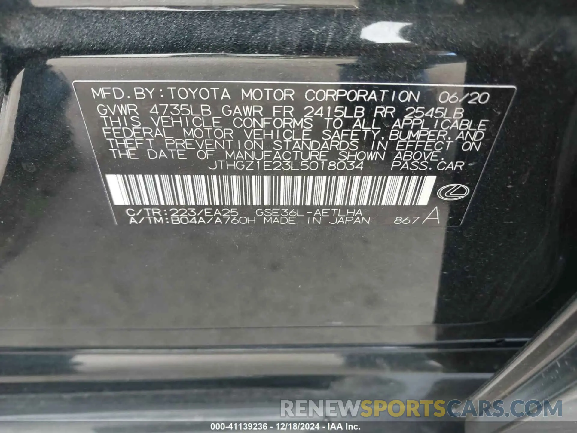 9 fotografías del automóvil dañado JTHGZ1E23L5018034 LEXUS IS 350 2020