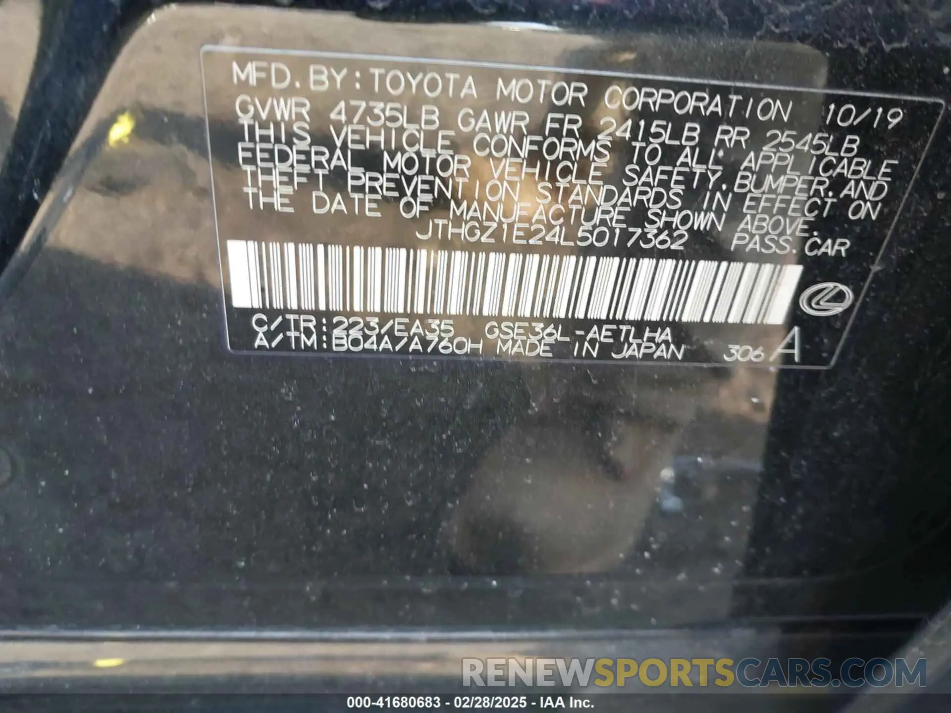 9 fotografías del automóvil dañado JTHGZ1E24L5017362 LEXUS IS 350 2020