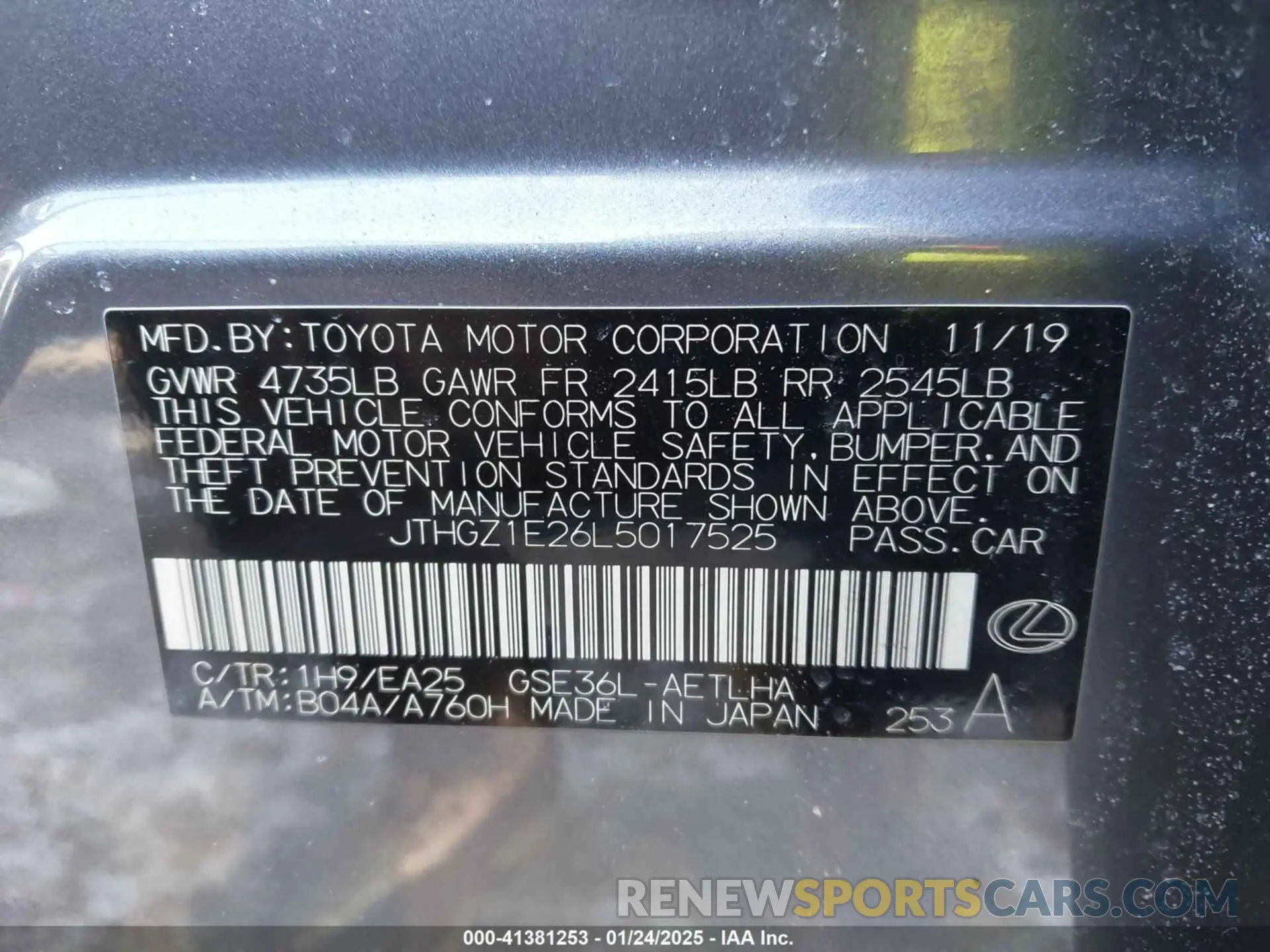9 fotografías del automóvil dañado JTHGZ1E26L5017525 LEXUS IS 350 2020