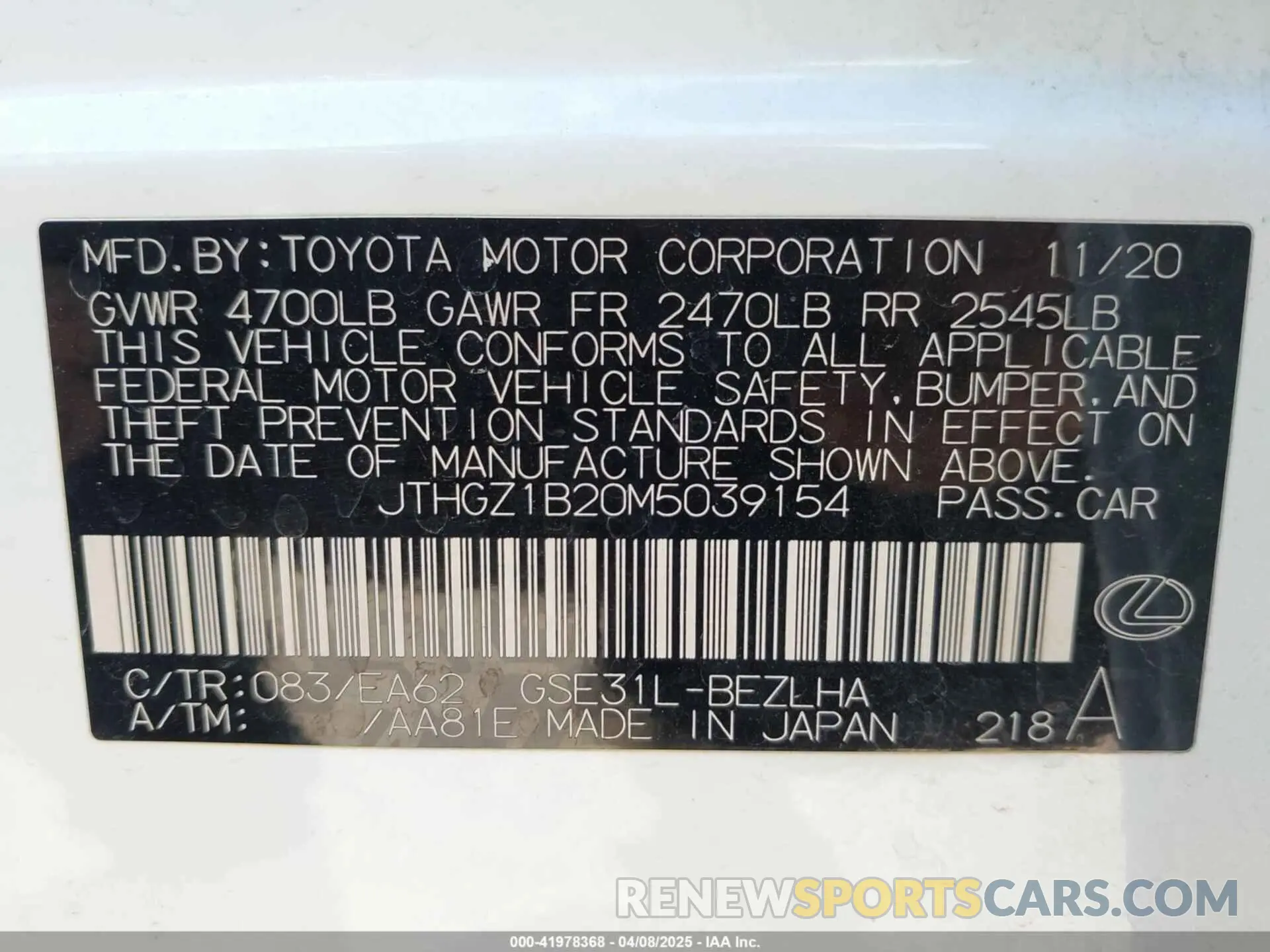 9 fotografías del automóvil dañado JTHGZ1B20M5039154 LEXUS IS 350 2021