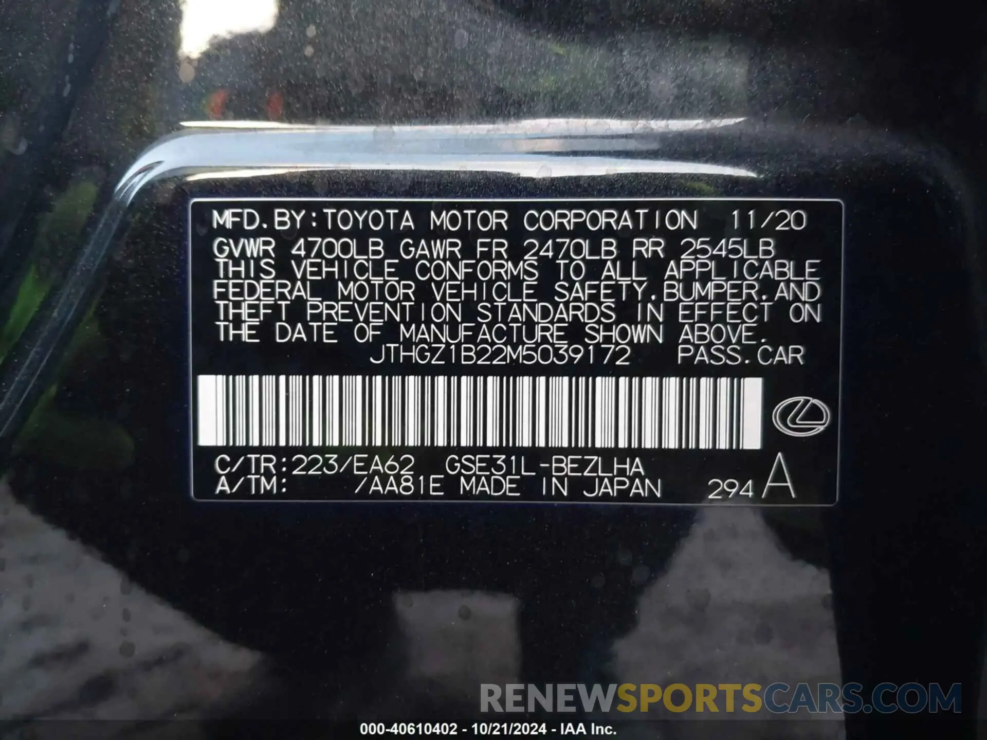 9 fotografías del automóvil dañado JTHGZ1B22M5039172 LEXUS IS 350 2021