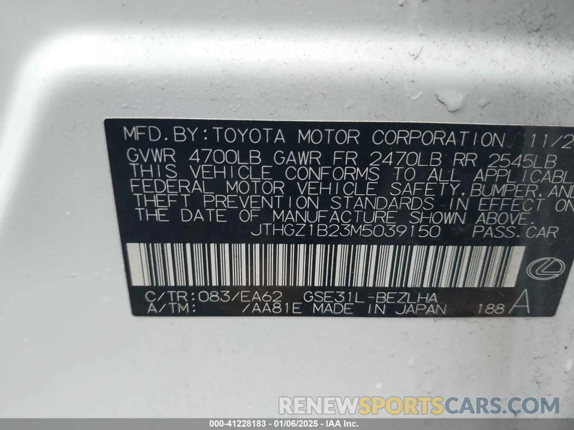 9 fotografías del automóvil dañado JTHGZ1B23M5039150 LEXUS IS 350 2021