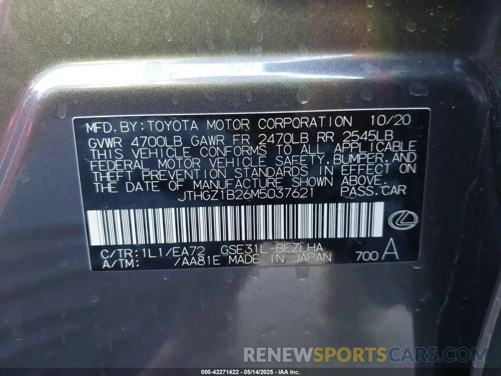 9 fotografías del automóvil dañado JTHGZ1B26M5037621 LEXUS IS 350 2021