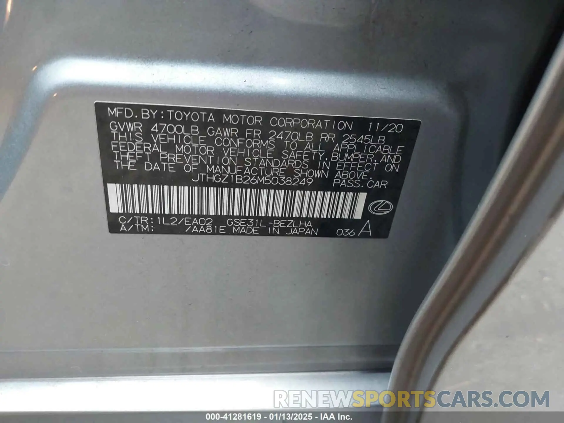 9 fotografías del automóvil dañado JTHGZ1B26M5038249 LEXUS IS 350 2021