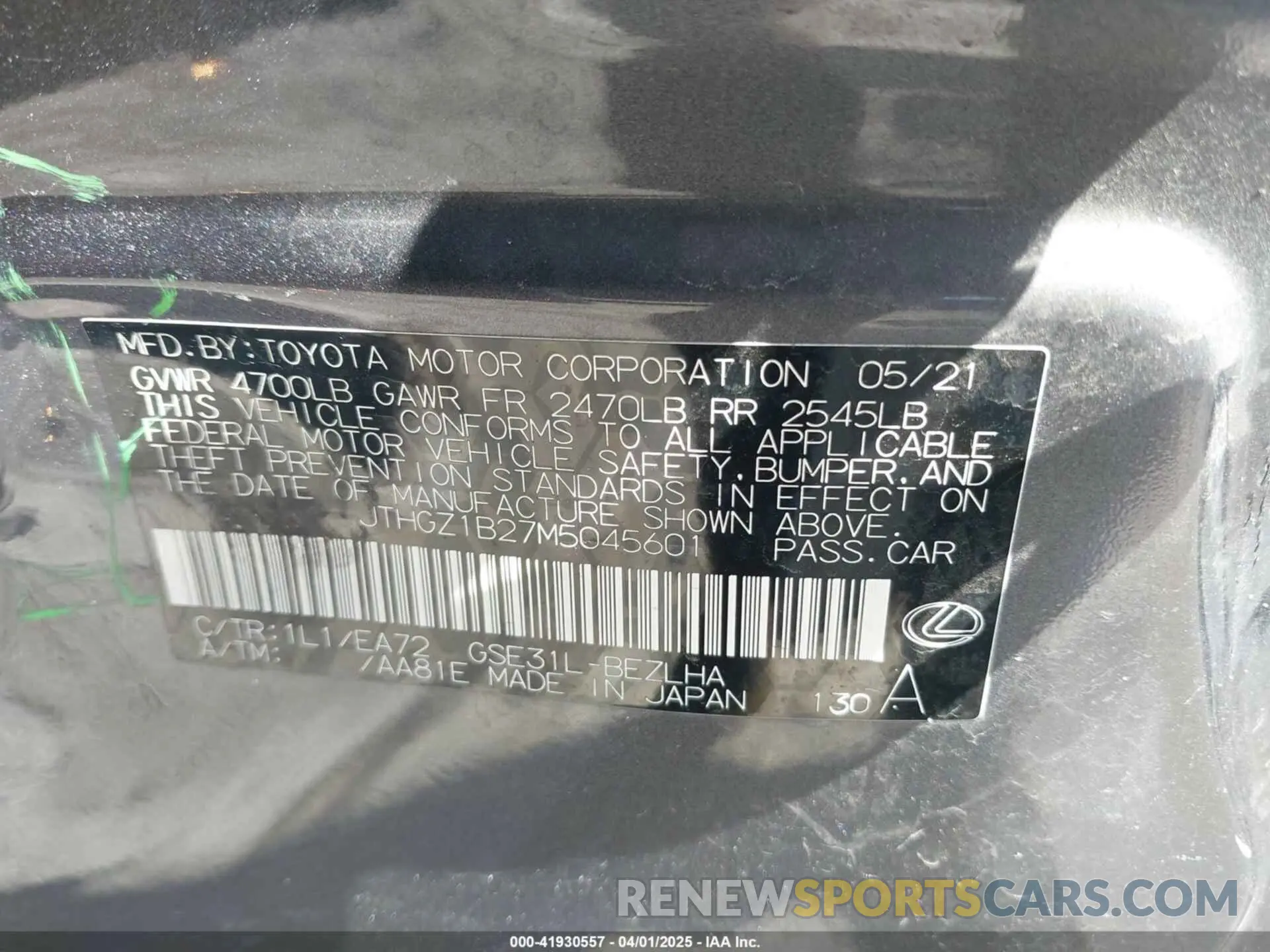 9 fotografías del automóvil dañado JTHGZ1B27M5045601 LEXUS IS 350 2021