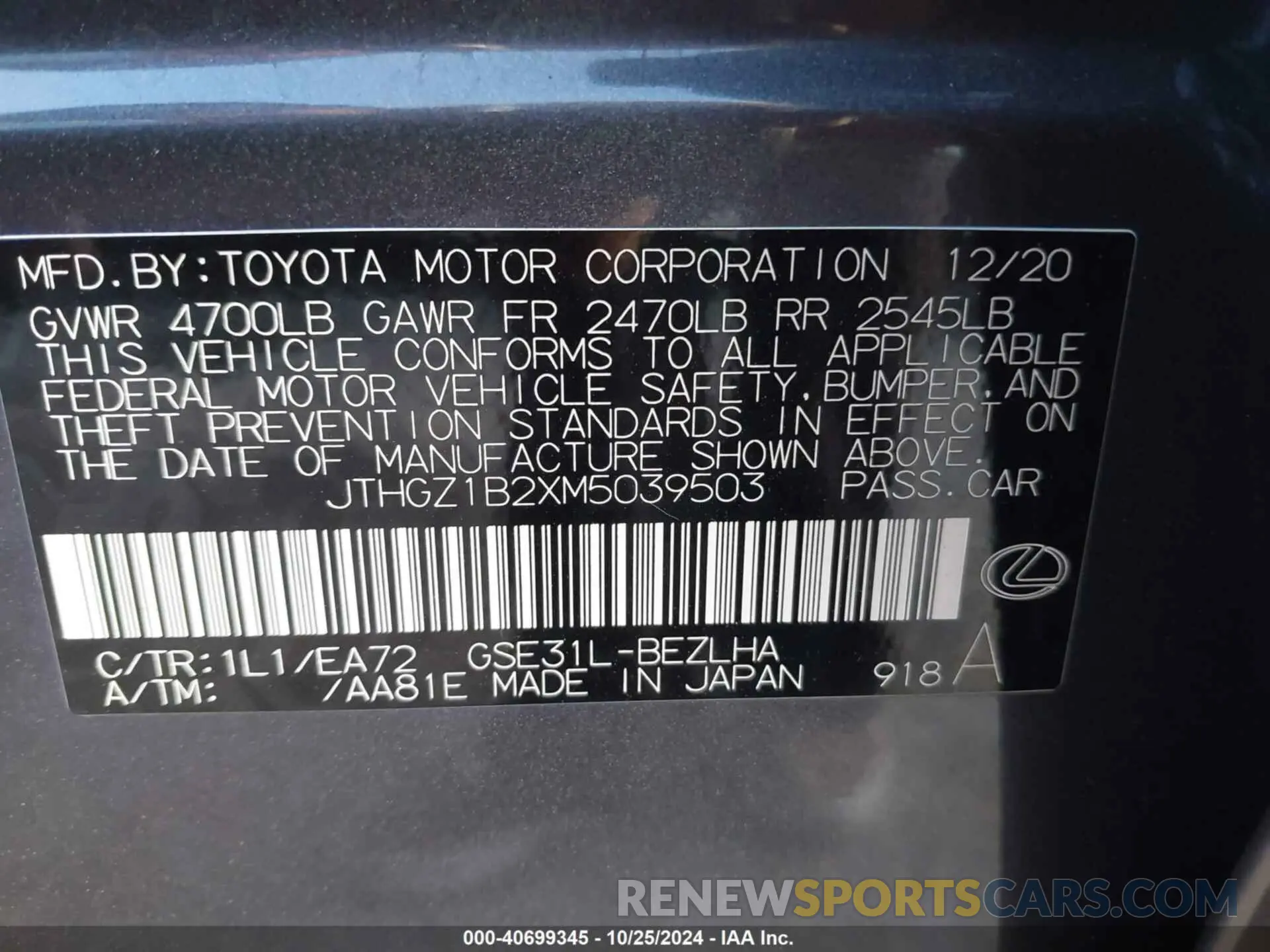 9 fotografías del automóvil dañado JTHGZ1B2XM5039503 LEXUS IS 350 2021