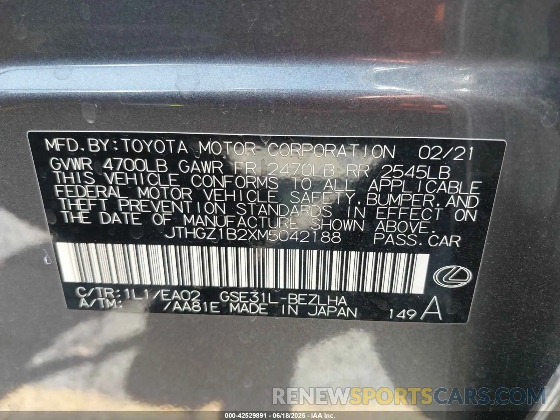 9 fotografías del automóvil dañado JTHGZ1B2XM5042188 LEXUS IS 350 2021