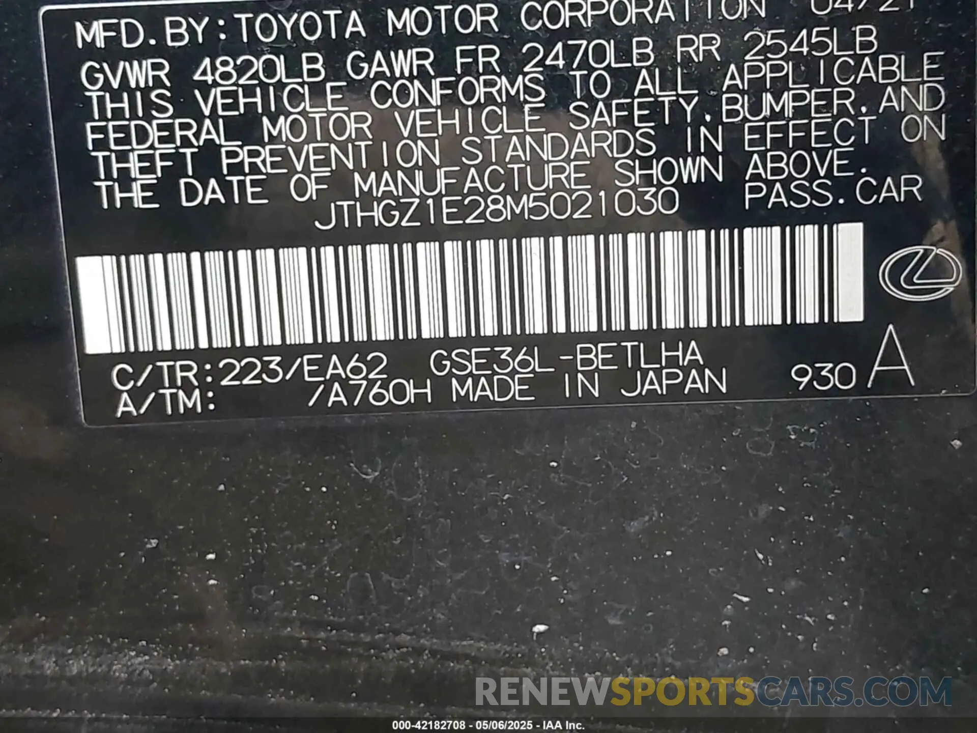 9 fotografías del automóvil dañado JTHGZ1E28M5021030 LEXUS IS 350 2021